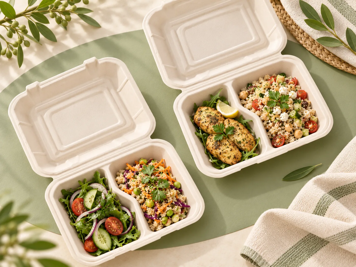 Open sugarcane bagasse takeaway clamshell food containers with compartment meals