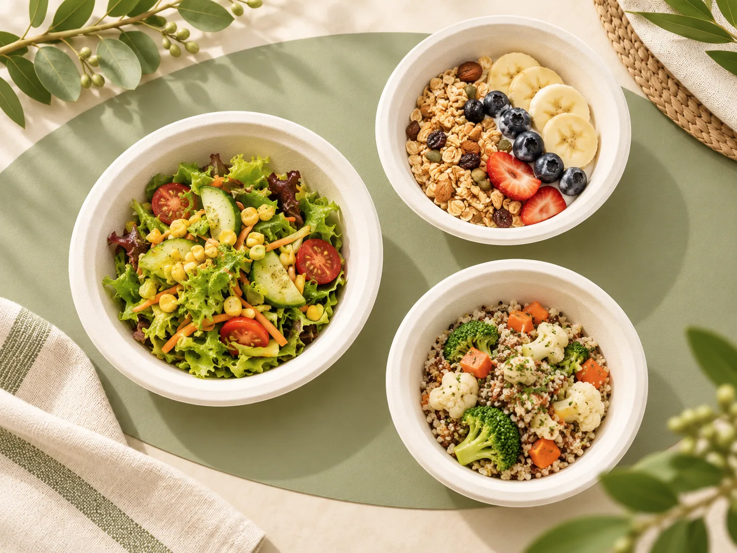 Eco-friendly sugarcane bagasse food bowls and serving containers with meals