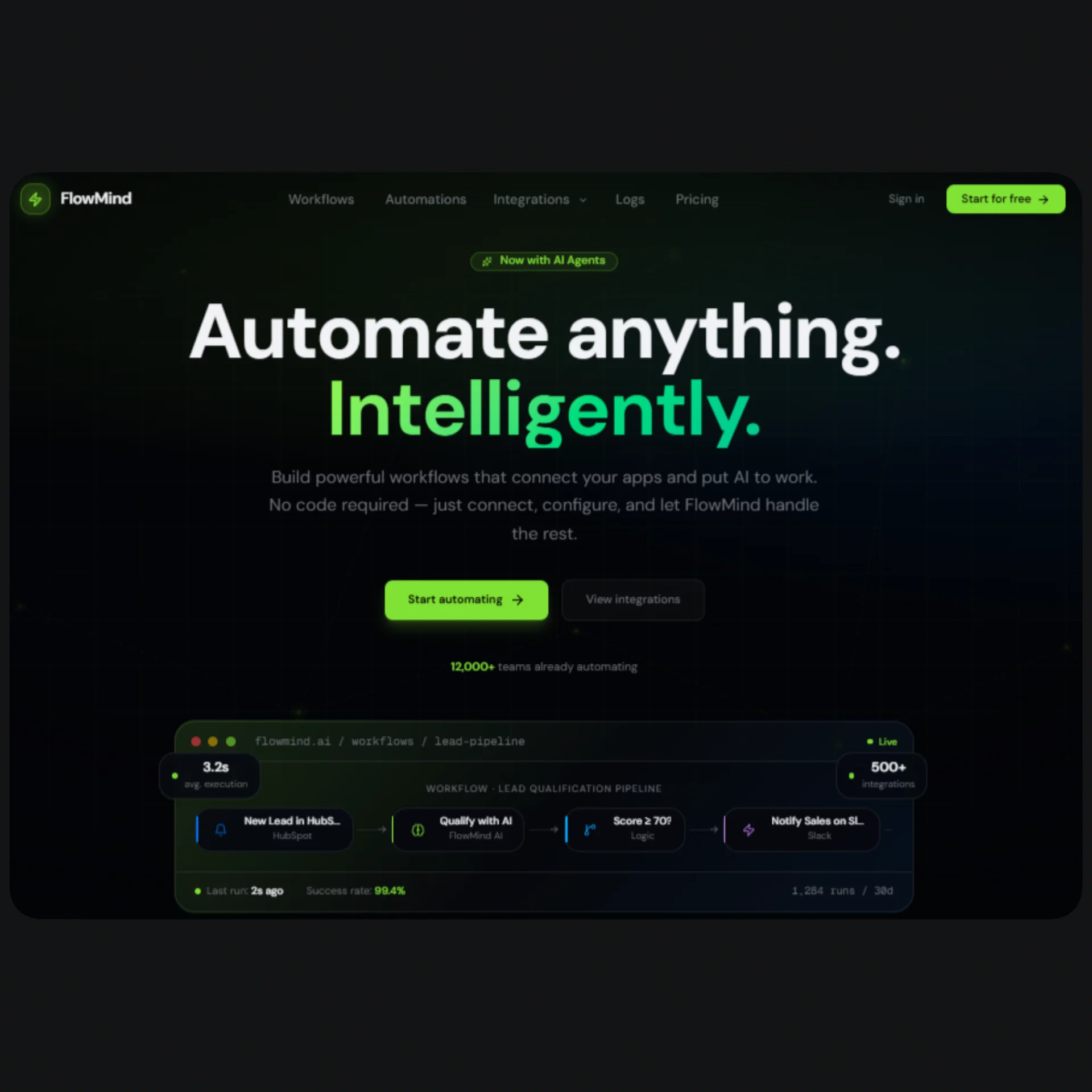 FlowMind — Nextjs Tailwind SaaS AI Workflow Automation Template template preview