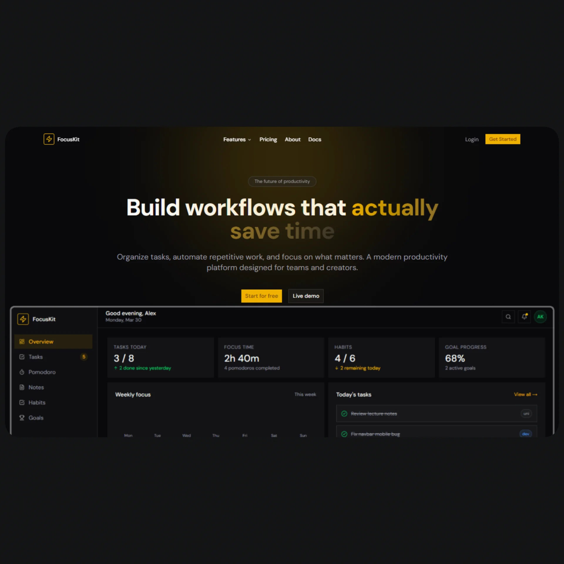 FocusKit — Productivity App Template (Next.js 16 + Tailwind v4 + shadcn/ui) preview