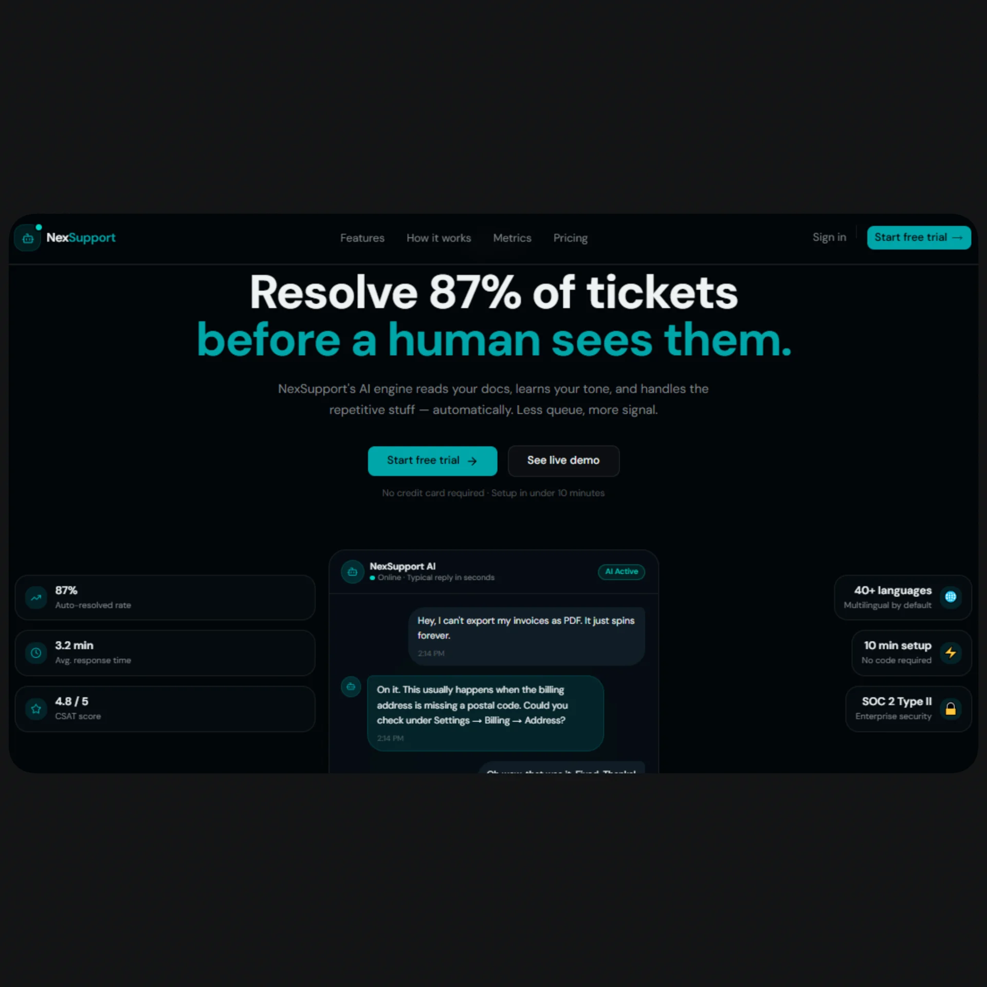NexSupport — Next.js AI Customer Support SaaS Template template preview