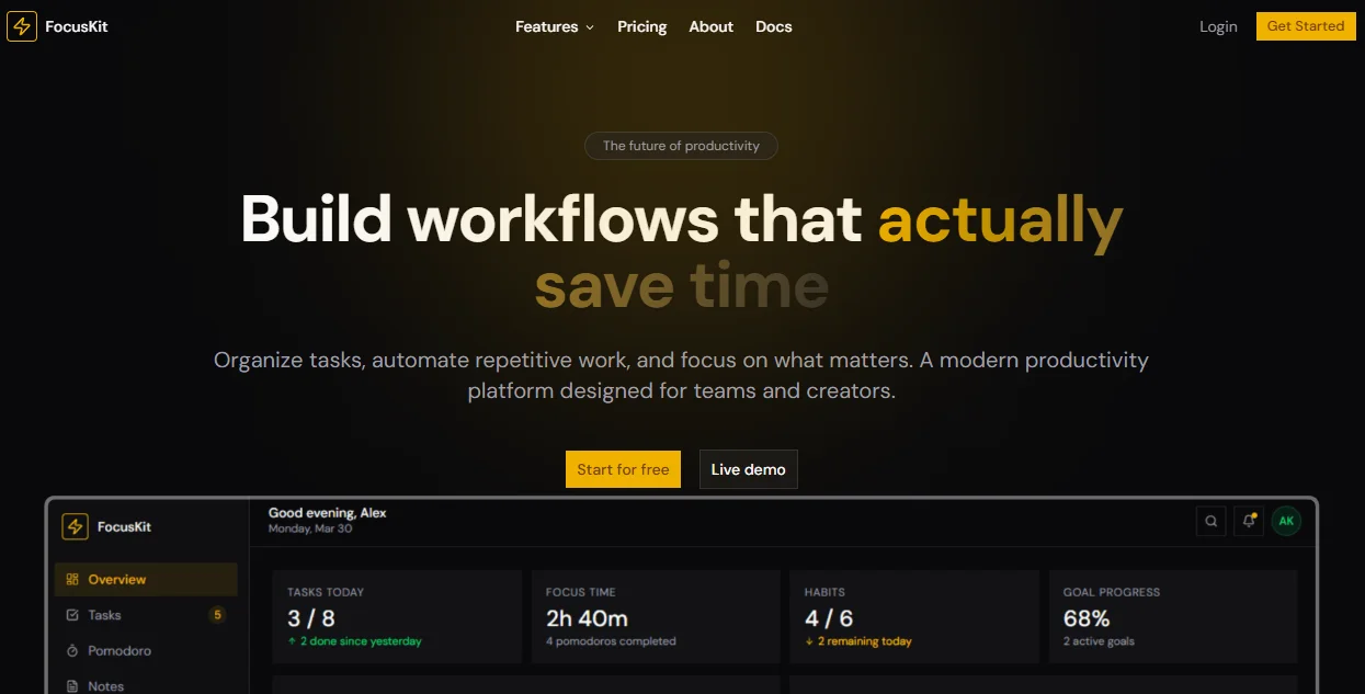 FocusKit — Nextjs Tailwind Productivity App Template preview