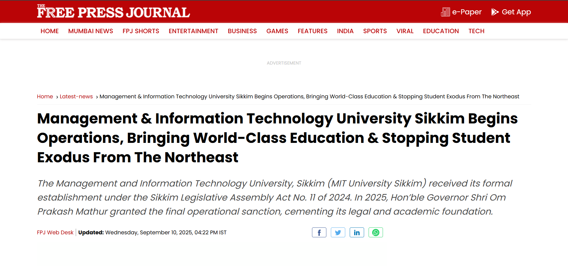 Management & Information Technology University Sikkim begins operations – Bringing world-class education and stopping student exodus from the Northeast