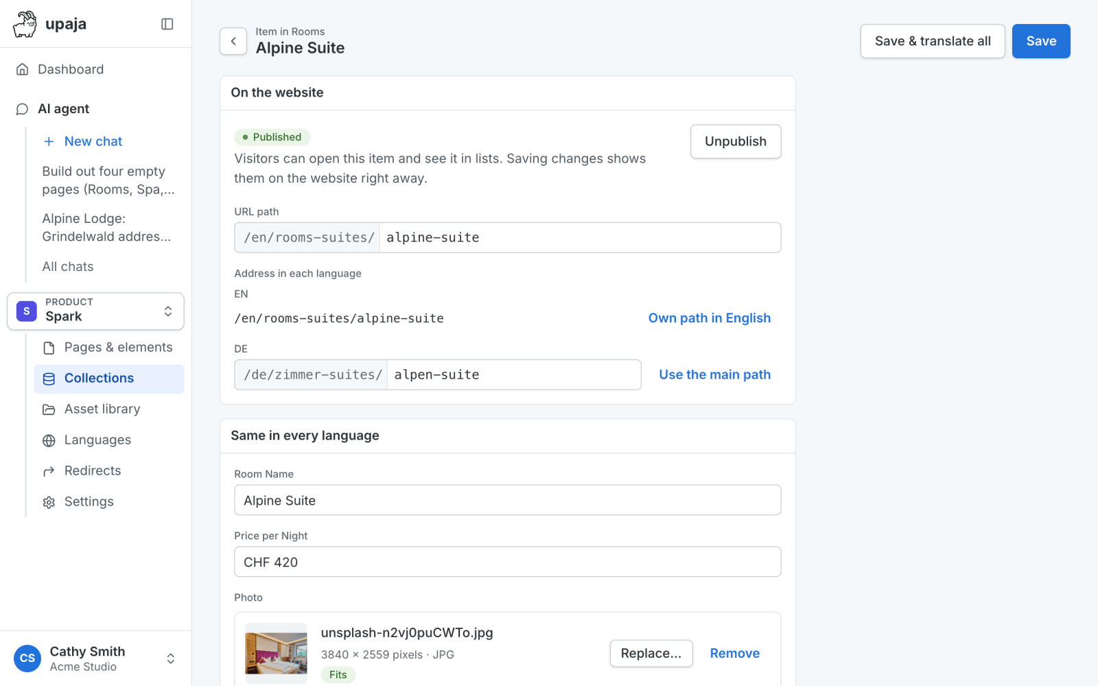 CMS interface showing an 'Alpine Suite' item in a collection. Fields include URL paths, room name, price, and a photo.