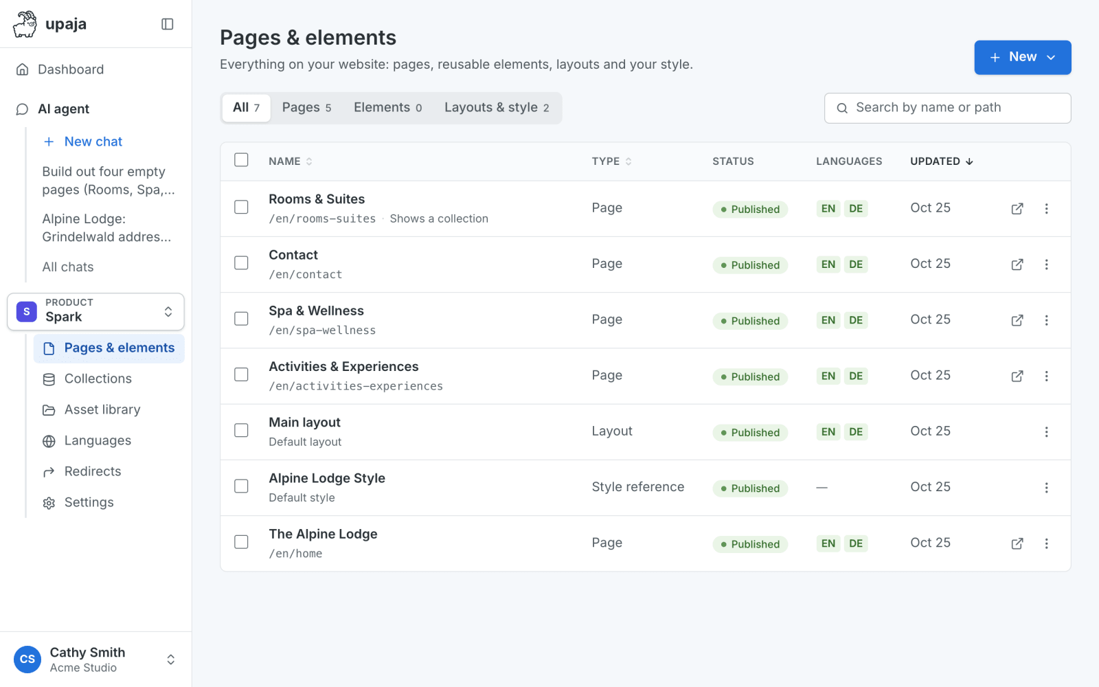 A web application interface displaying a list of website pages and elements with their types, publication status, languages, and last update date.