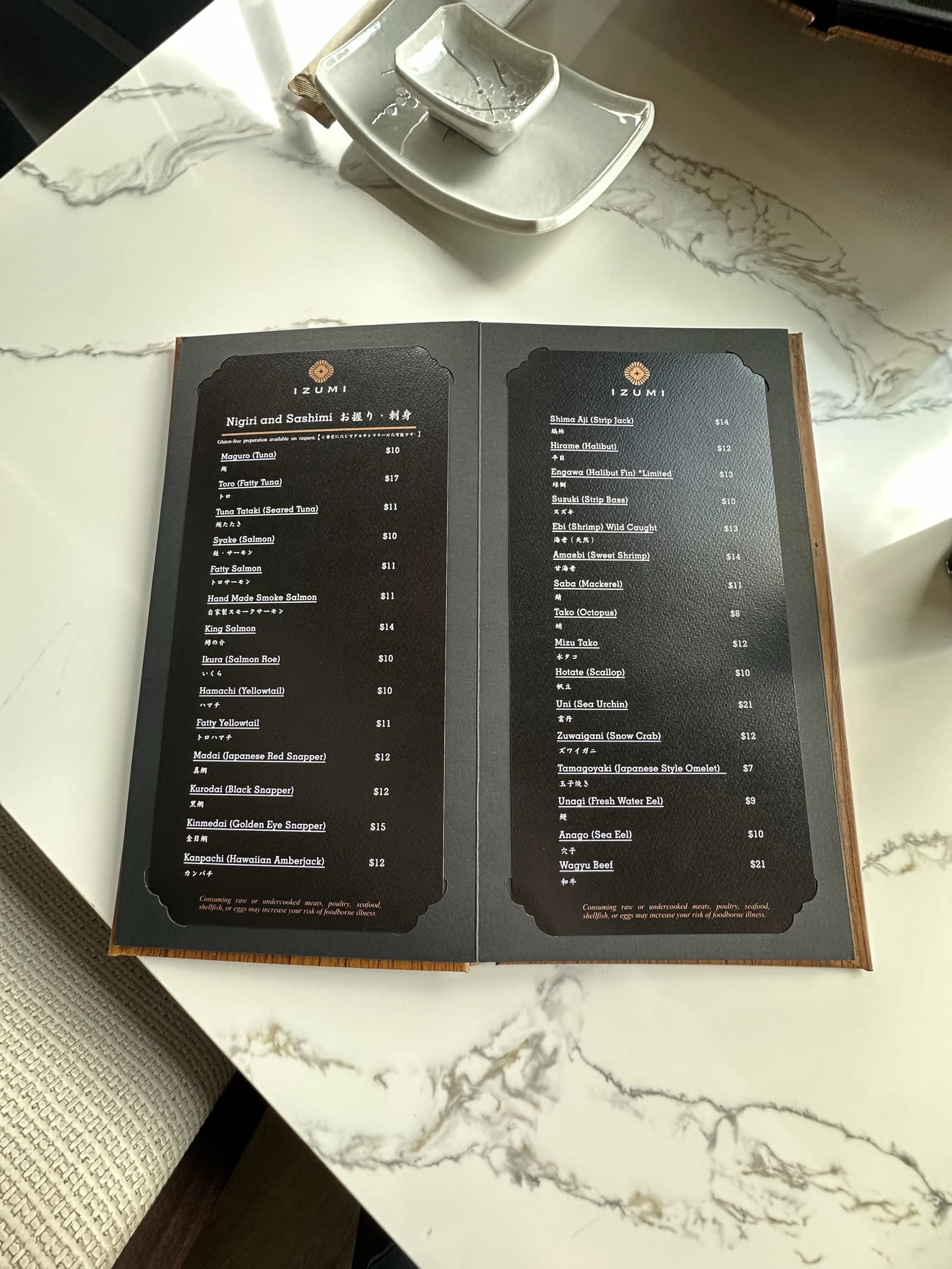 Izumi Sushi Nigiri and Sashimi menu page