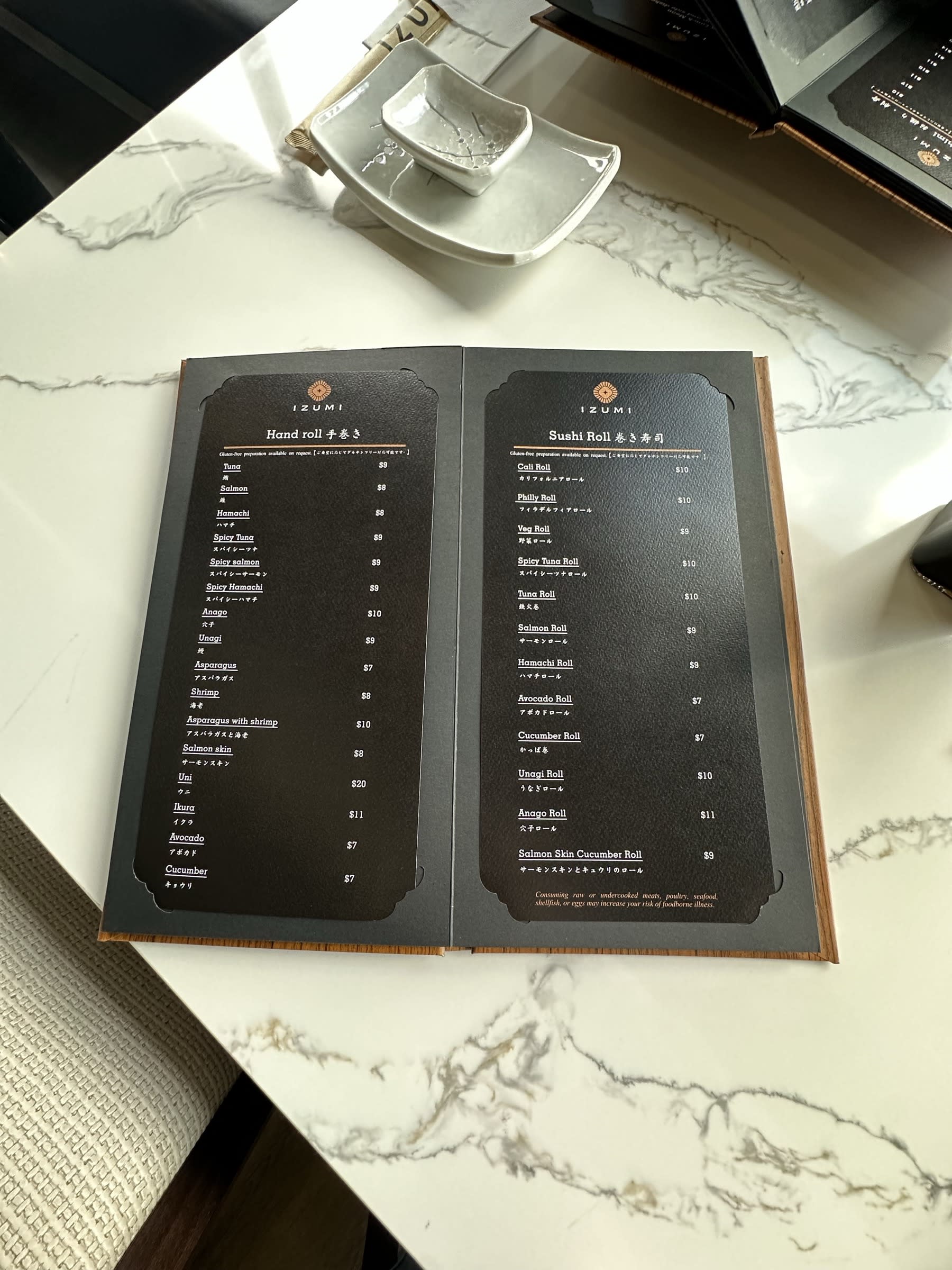 Izumi Sushi Sushi Roll and Hand Roll menu page