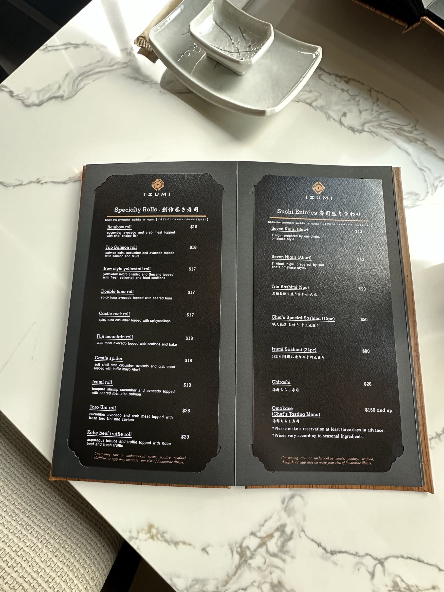 Izumi Sushi Specialty Rolls and Sushi Entrees including Omakase menu page