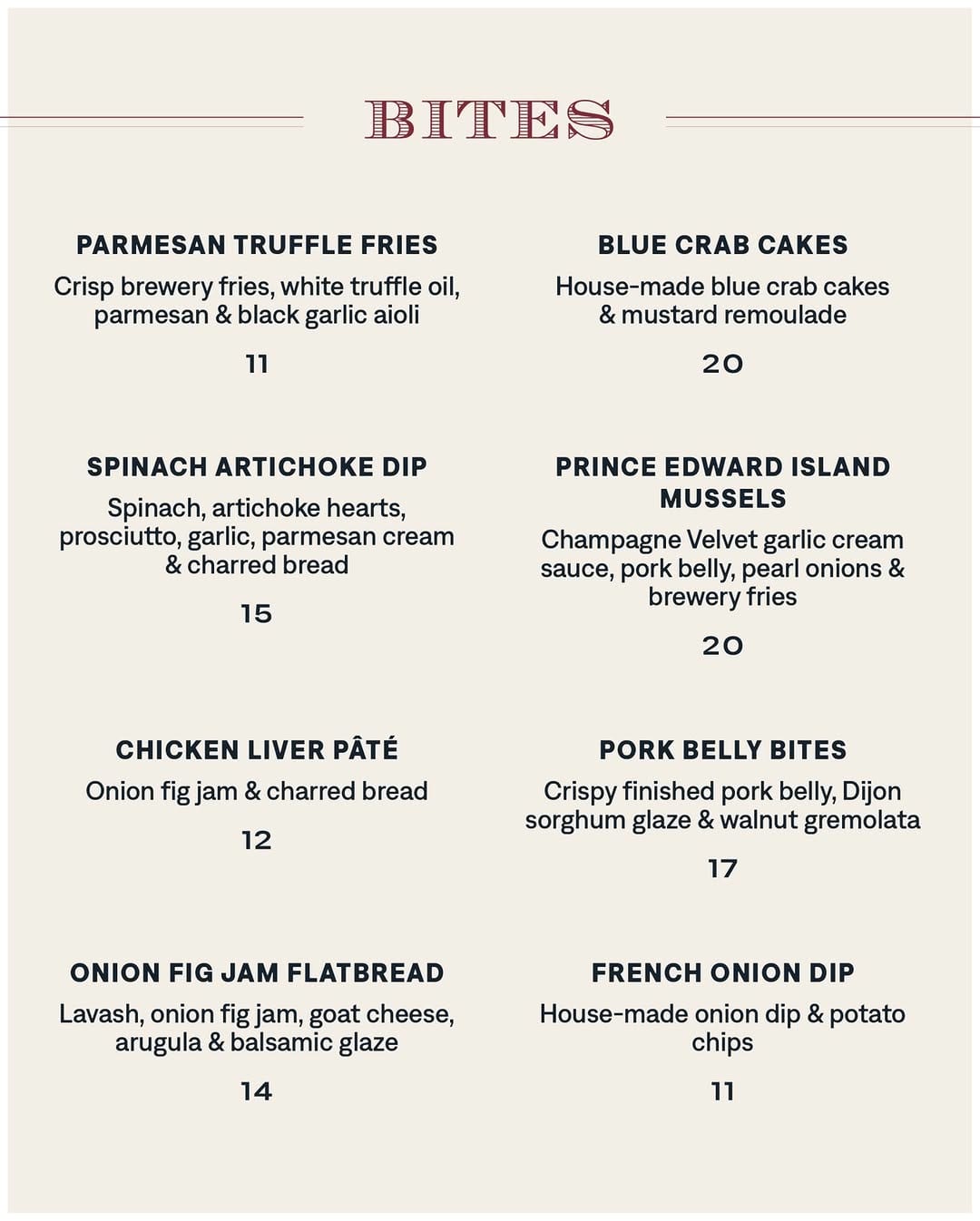 Bites menu at Champagne Velvet Proper Kitchen & Bar — Parmesan Truffle Fries, Blue Crab Cakes, PEI Mussels, Chicken Liver Pâté, Pork Belly Bites