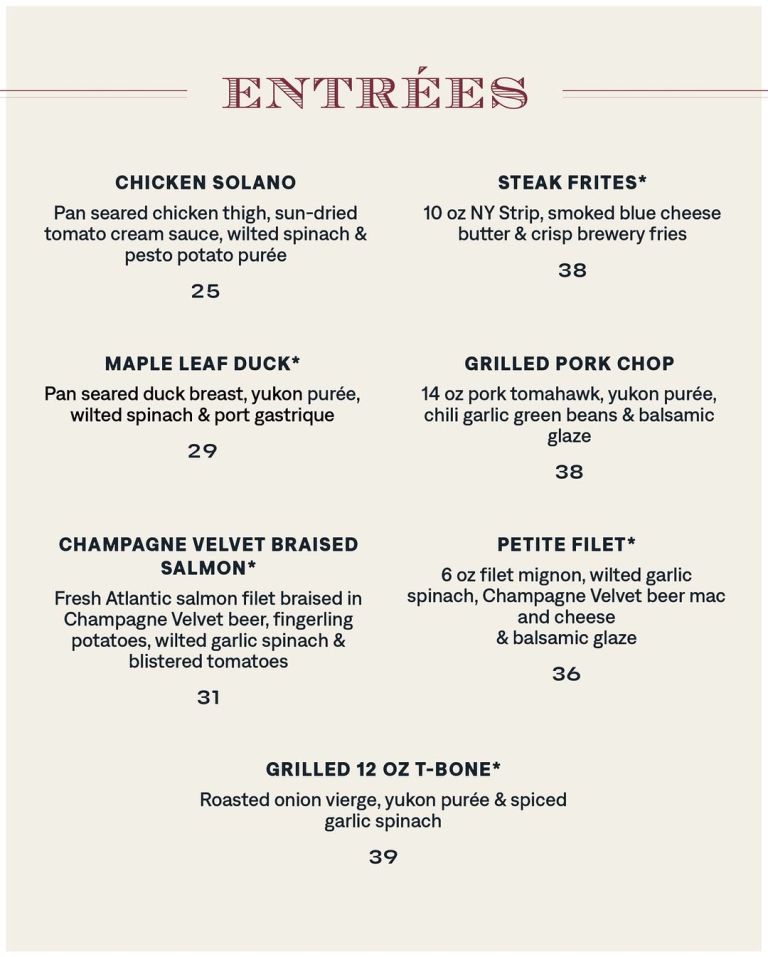 Entrées menu at Champagne Velvet Proper Kitchen & Bar — Chicken Solano, Steak Frites, Maple Leaf Duck, CV Braised Salmon, Petite Filet, T-Bone