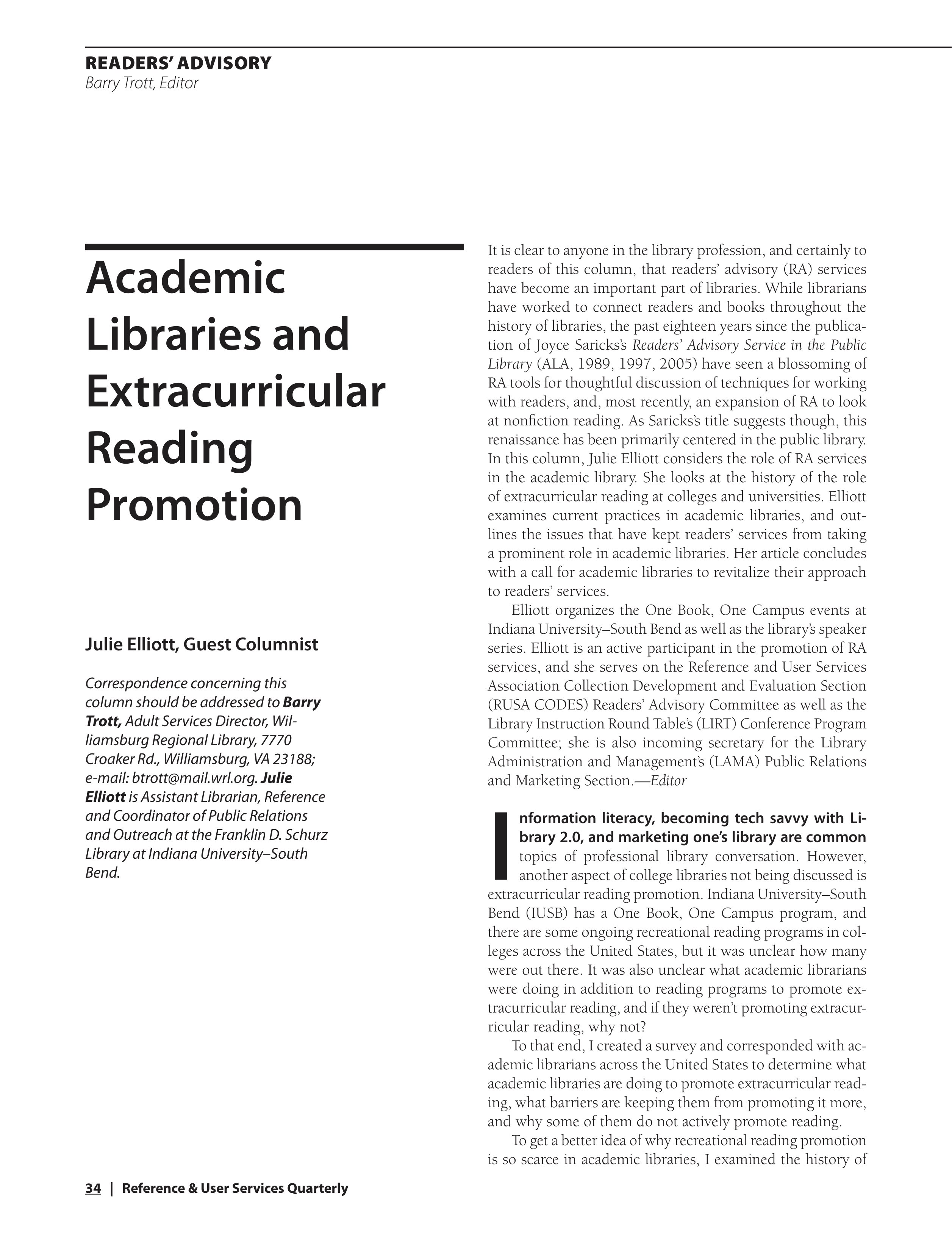 Academic Libraries and Extracurricular Reading Promotion