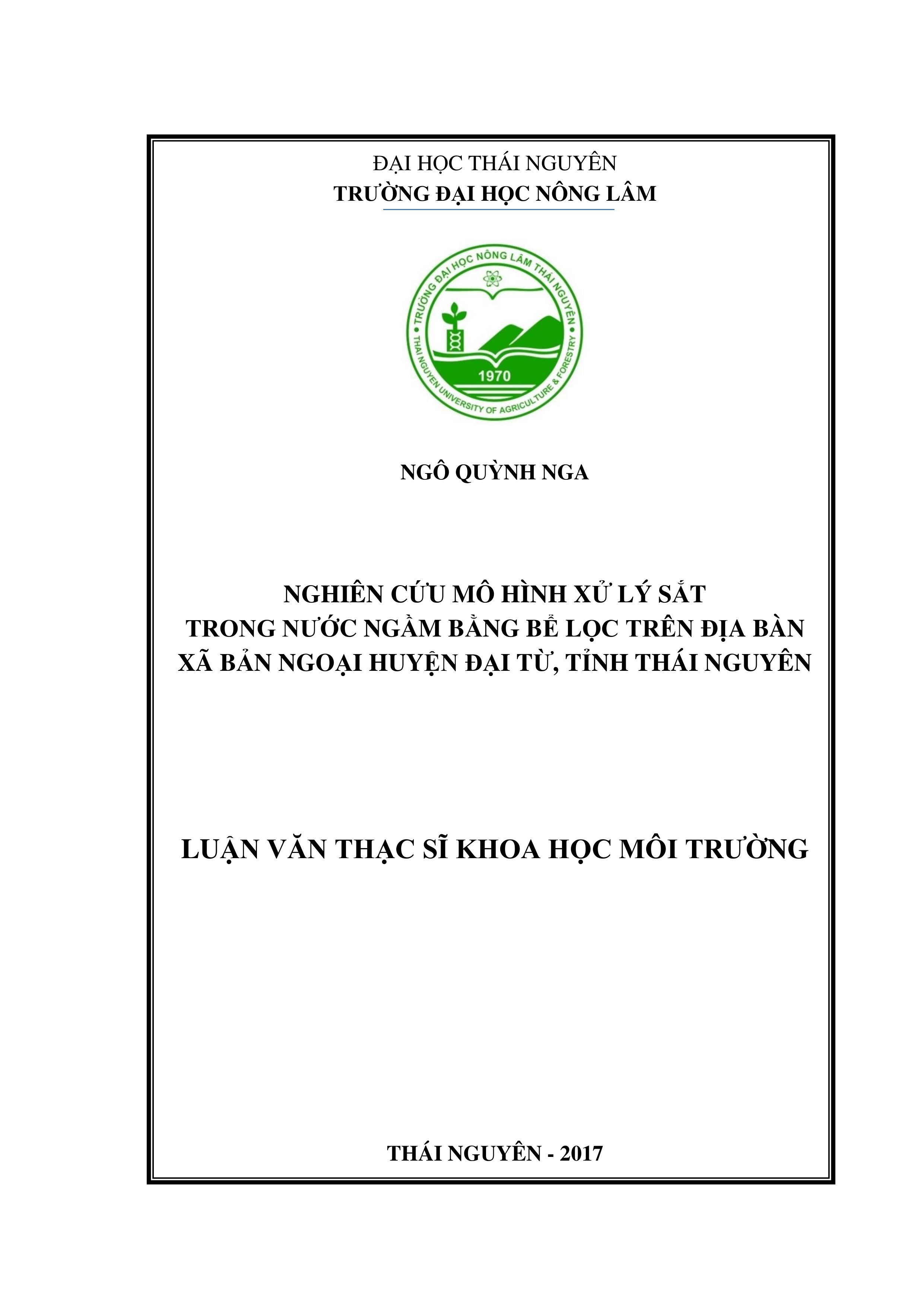 Nghiên cứu mô hình xử lý sắt trong nước ngầm bằng bể lọc trên địa bàn xã Bản Ngoại, huyện Đại Từ, tỉnh Thái Nguyên