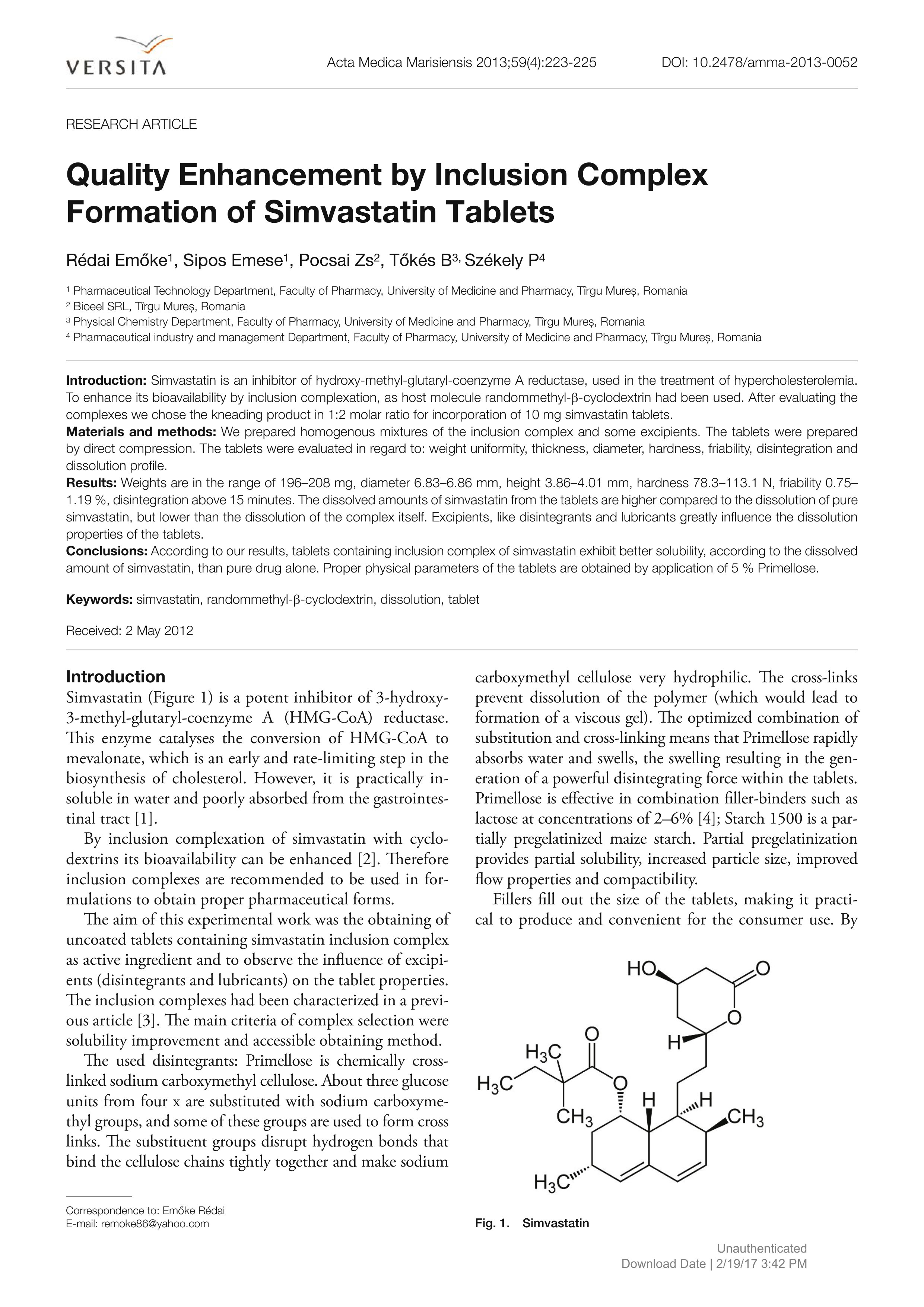quality enhancement by inclusion complex formation of simvastatin tablets