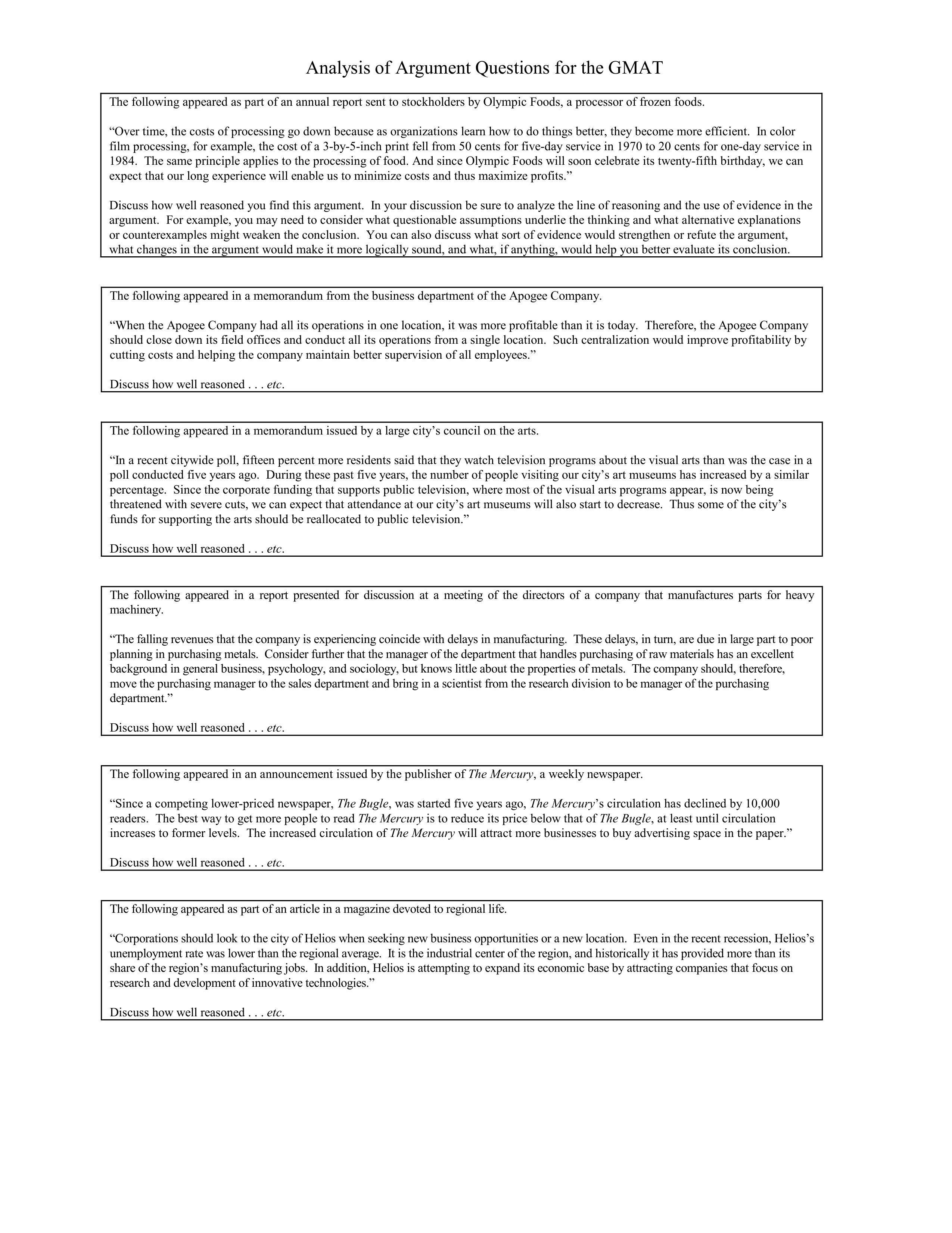 analysis of argument questions for the GMAT