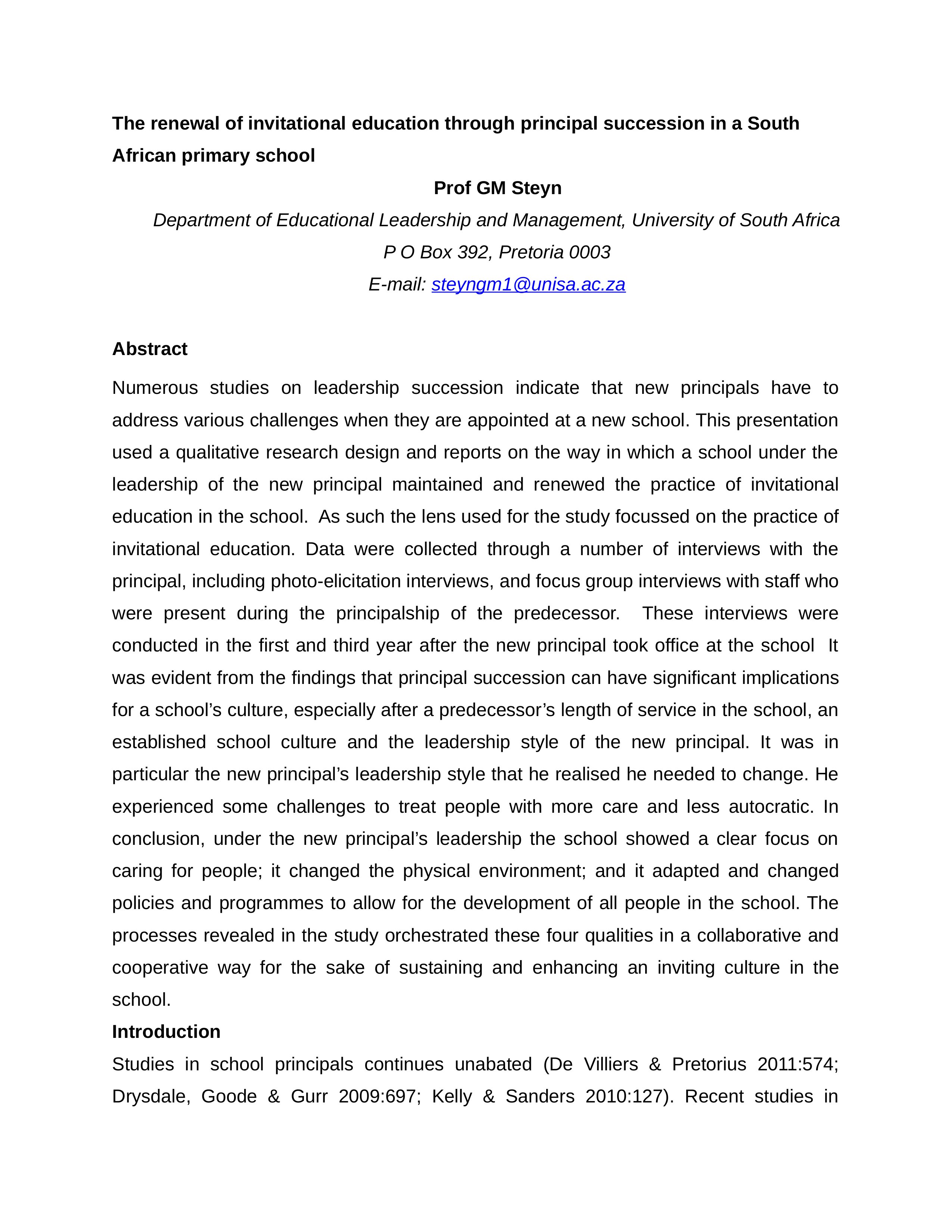 The renewal of invitational education through principal succession in a South African primary school