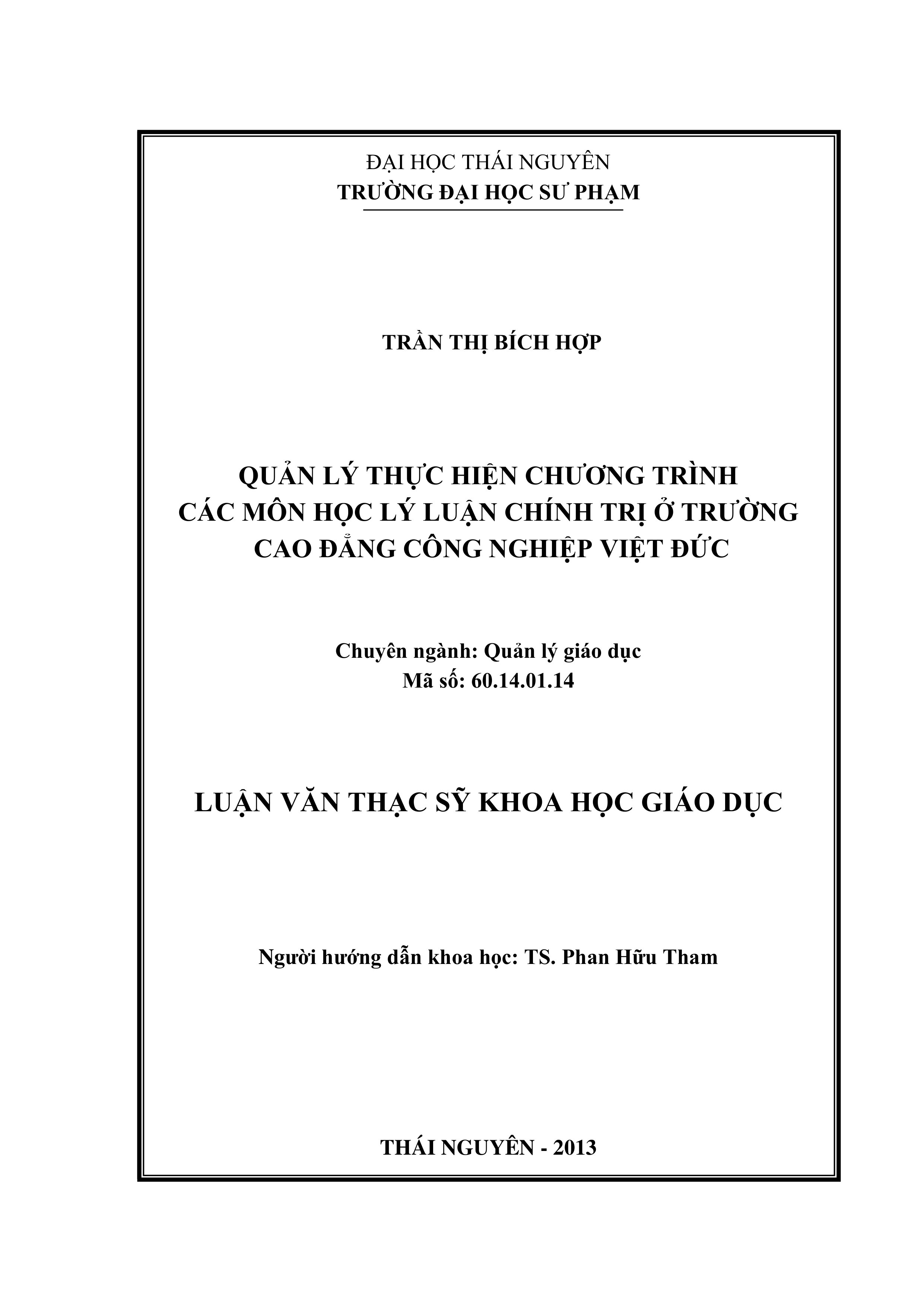 Quản lý thực hiện chương trình các môn học lý luận chính trị ở trường Cao đẳng Công nghiệp Việt đức