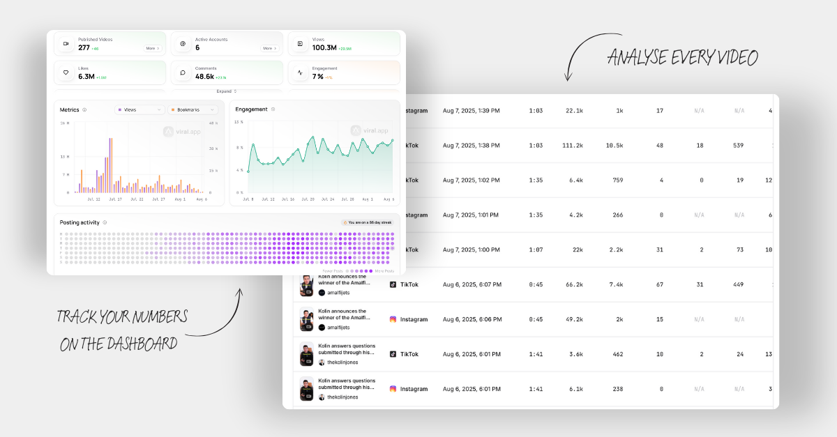 viral.app - Umfassende Video Performance Analytics mit Engagement, Posting Aktivität und Cross Platform Insights