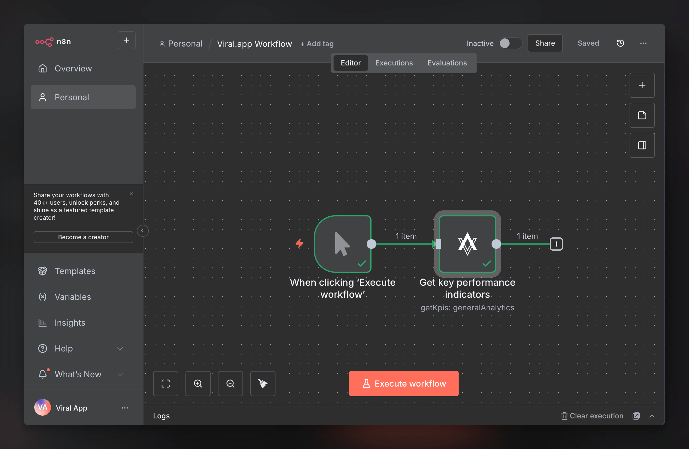 n8n workflow example using the viral.app API