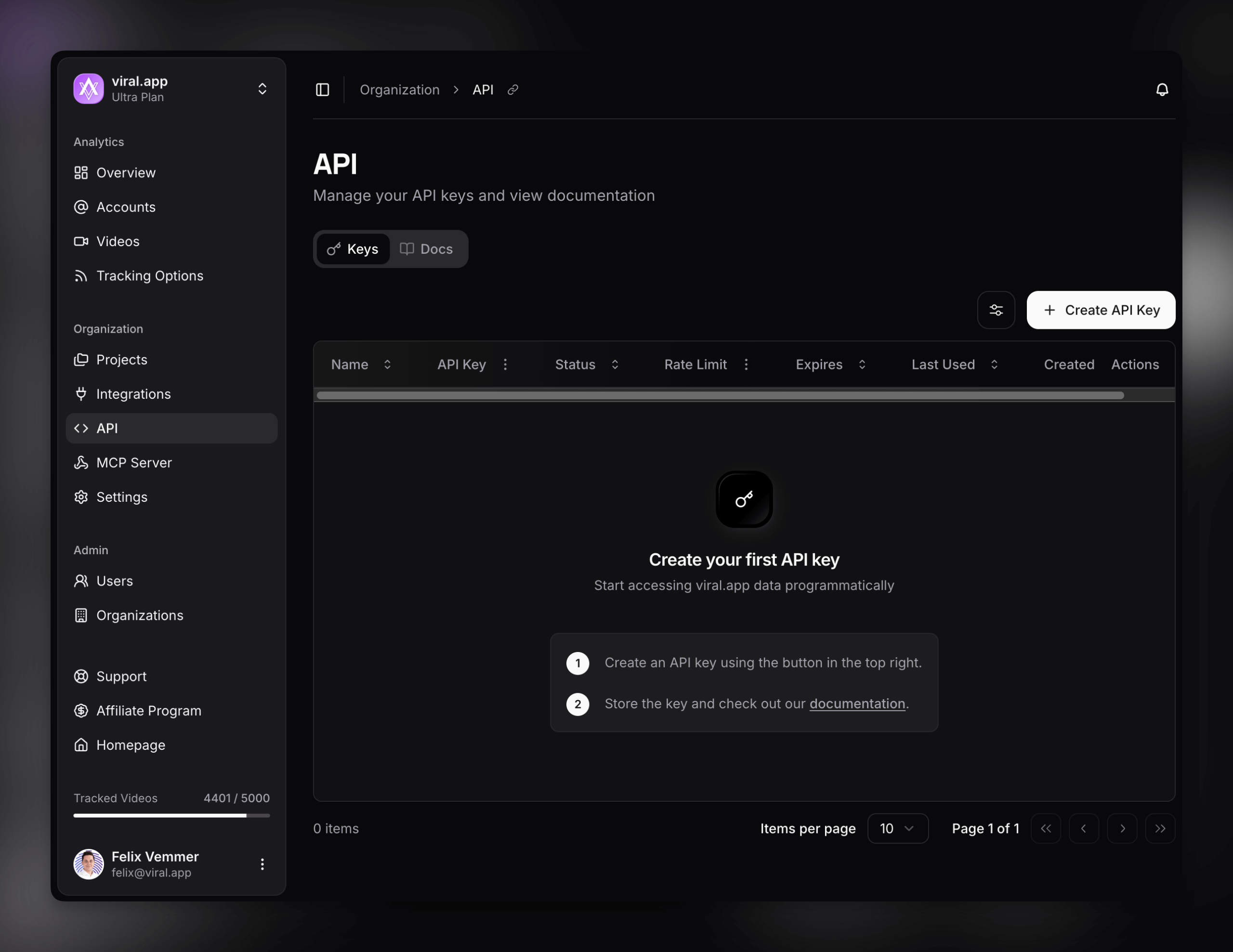 API keys management page in viral.app