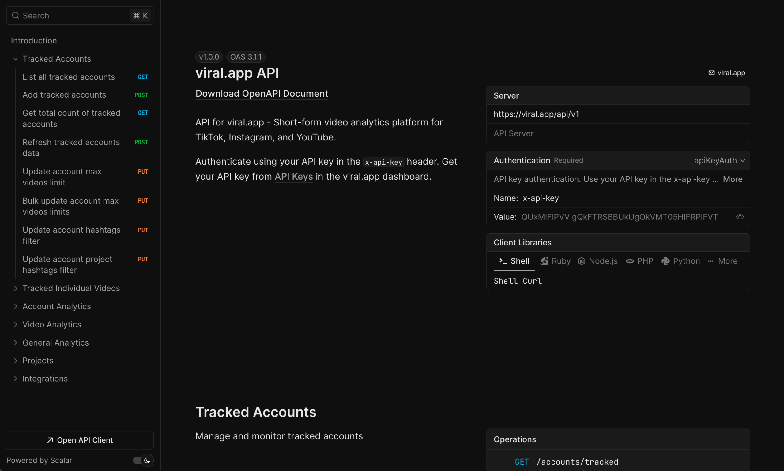 Interactive viral.app API documentation in Scalar