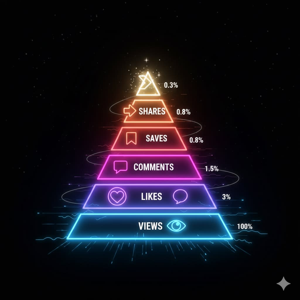 The engagement pyramid: views → likes → comments → saves → shares. Each level has greater algorithmic weight. Engagement pyramid showing hierarchy from views at the base to shares at the peak, with percentages showing decreasing volume but increasing algorithmic weight