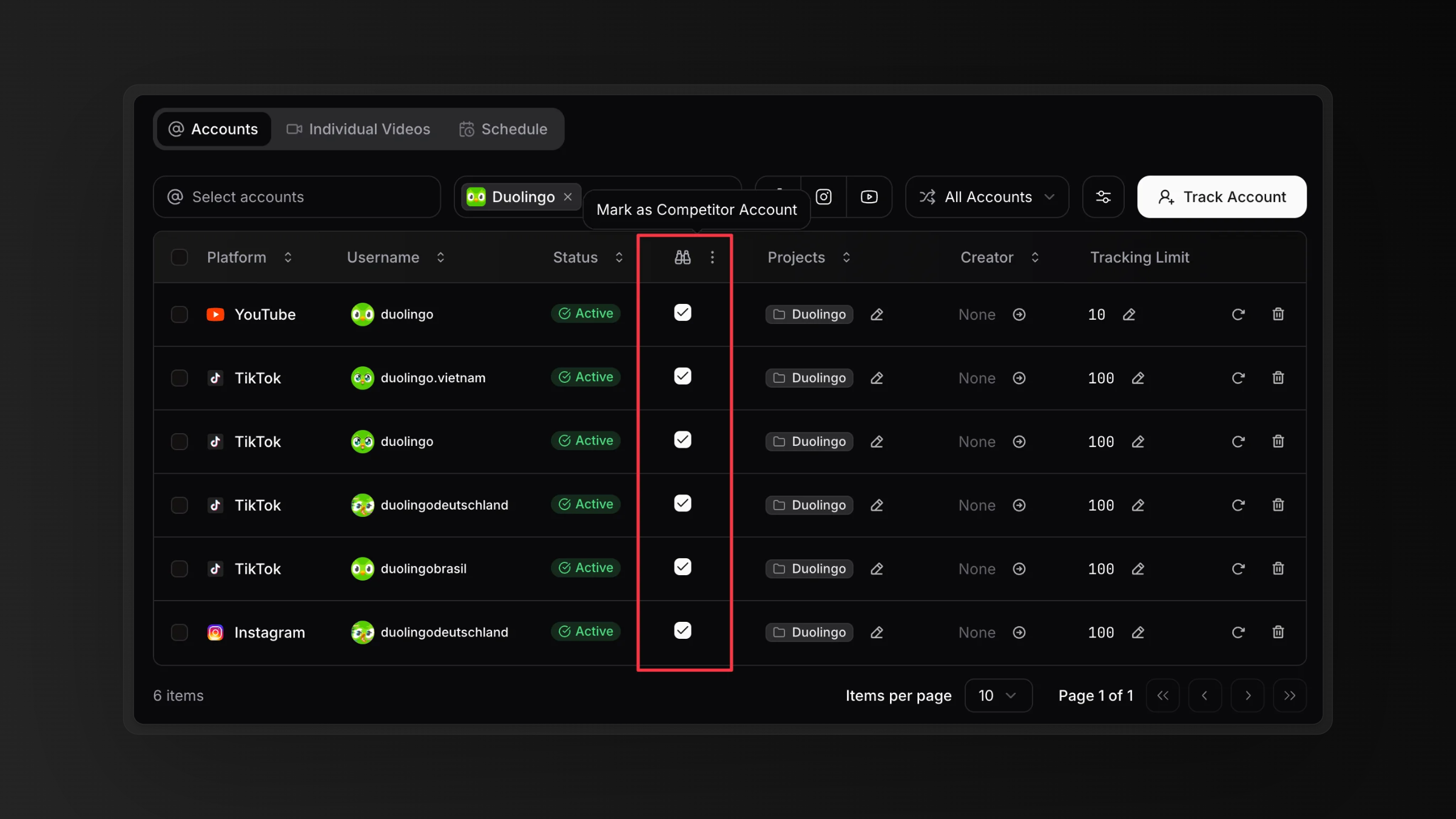 Competitor checkbox in the tracking accounts table