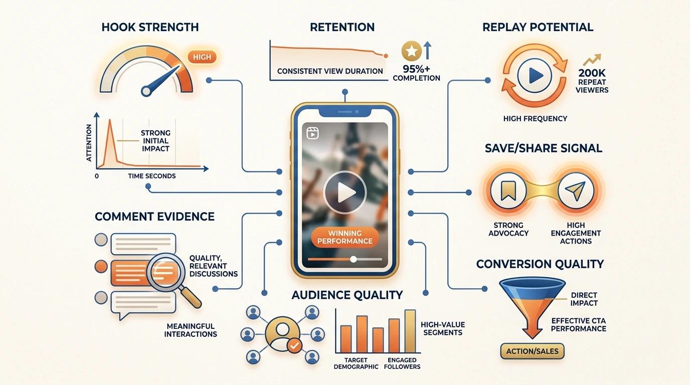 A Reel diagnosis scorecard showing how to evaluate hook strength, retention, replay potential, comment evidence, save and share signals, audience quality, and conversion quality