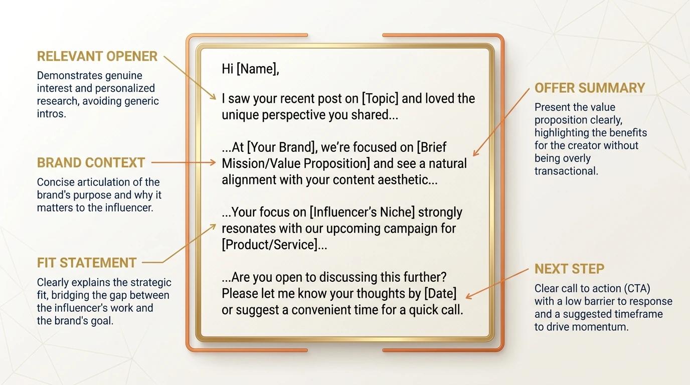 An annotated outreach message anatomy showing the five key parts of a high-performing influencer outreach email or DM