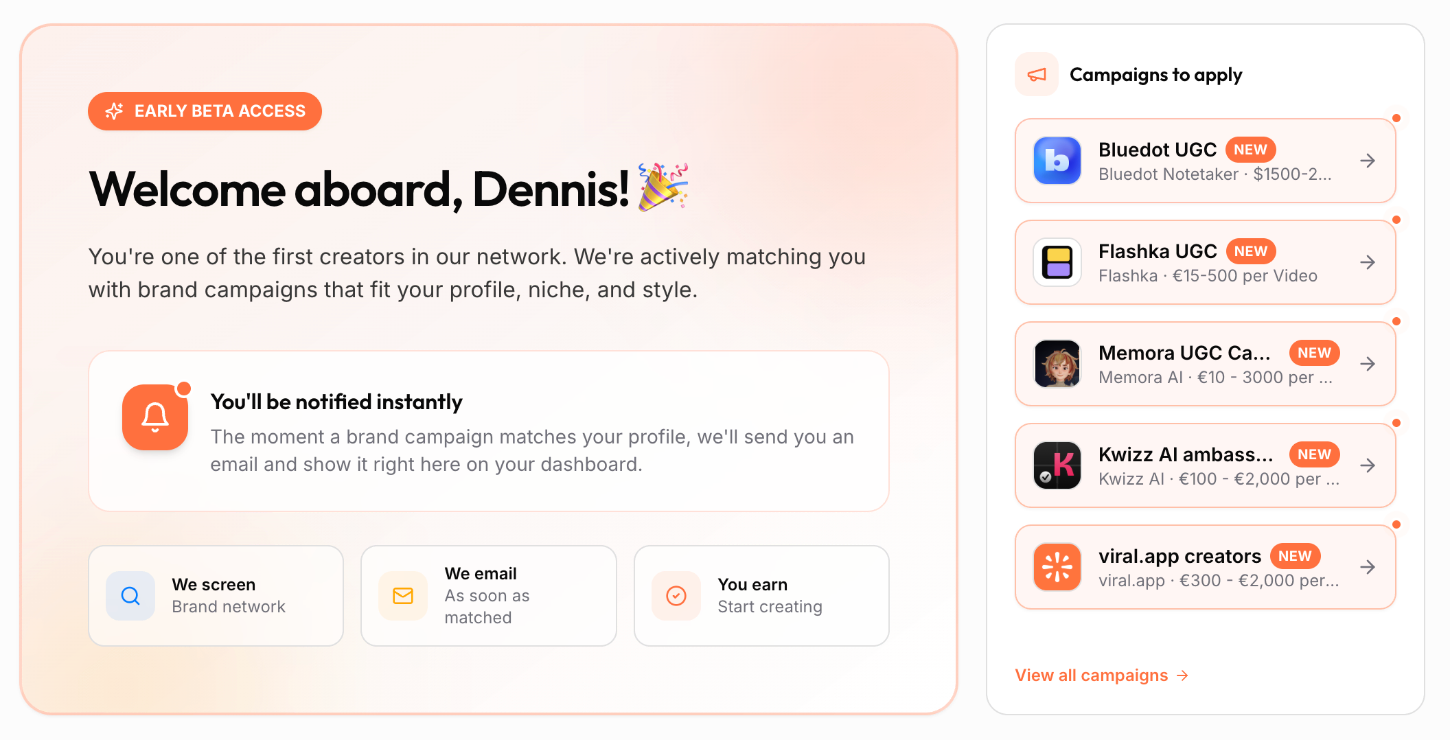 The creator dashboard shows matching campaigns and sends you to the application flow. viral.app creator dashboard showing campaigns available to apply for.