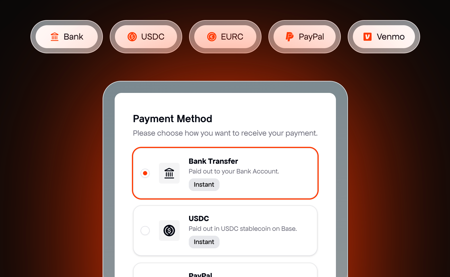 Payout method selection page showing bank transfer, USDC, EURC, PayPal, and Venmo.