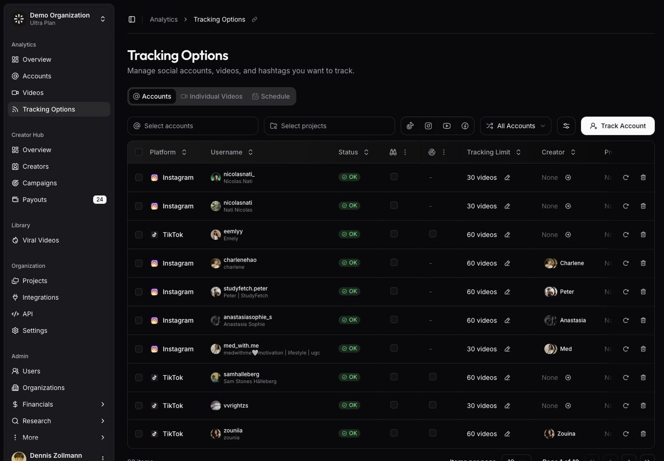 viral.app Tracking Options page in Demo Organization with the expanded sidebar and tracked account table.