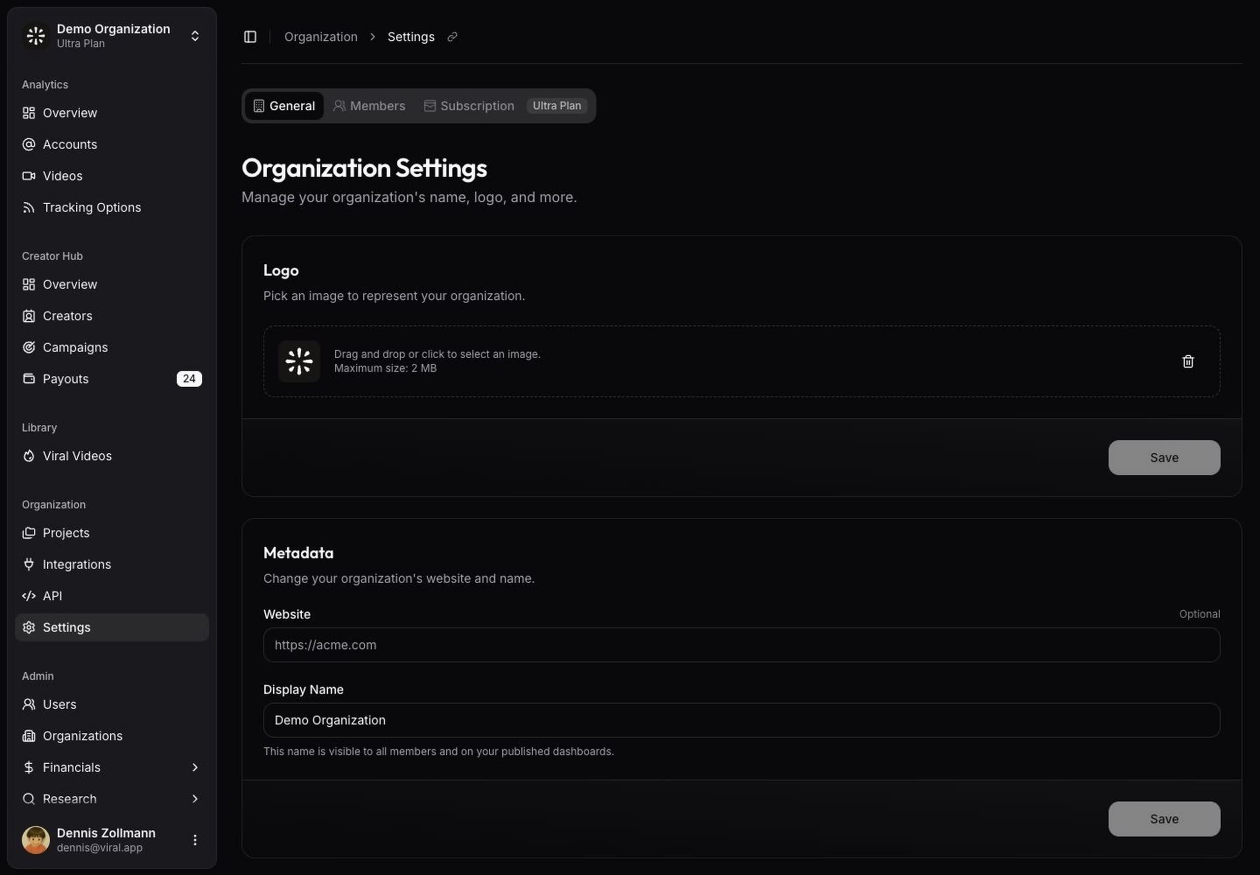 viral.app Organization Settings page in Demo Organization with workspace metadata and the expanded sidebar.