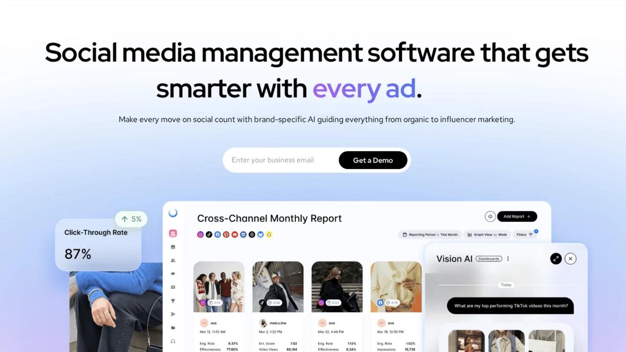Dash Social screenshot showing social media management software with UGC and campaign analytics dashboard cards