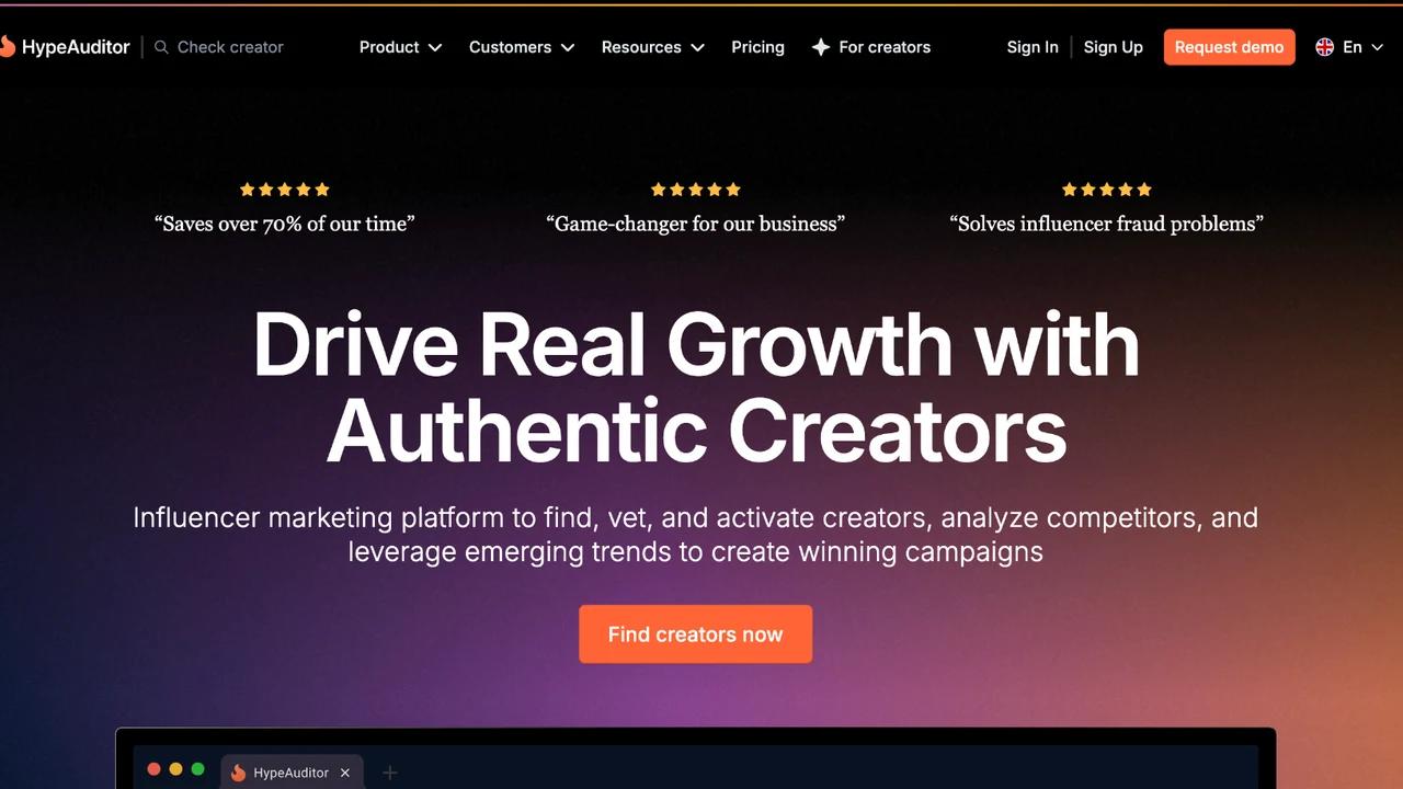 HypeAuditor screenshot showing creator analytics and audience authenticity positioning