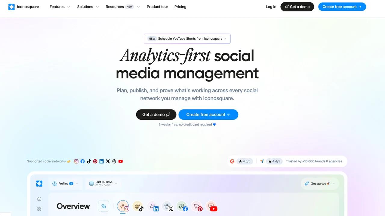 Iconosquare screenshot showing an analytics-first social media management homepage with multi-network dashboard preview