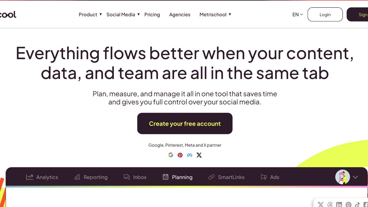 Metricool screenshot showing multi-platform content analytics, reporting, inbox, planning, and ads tabs