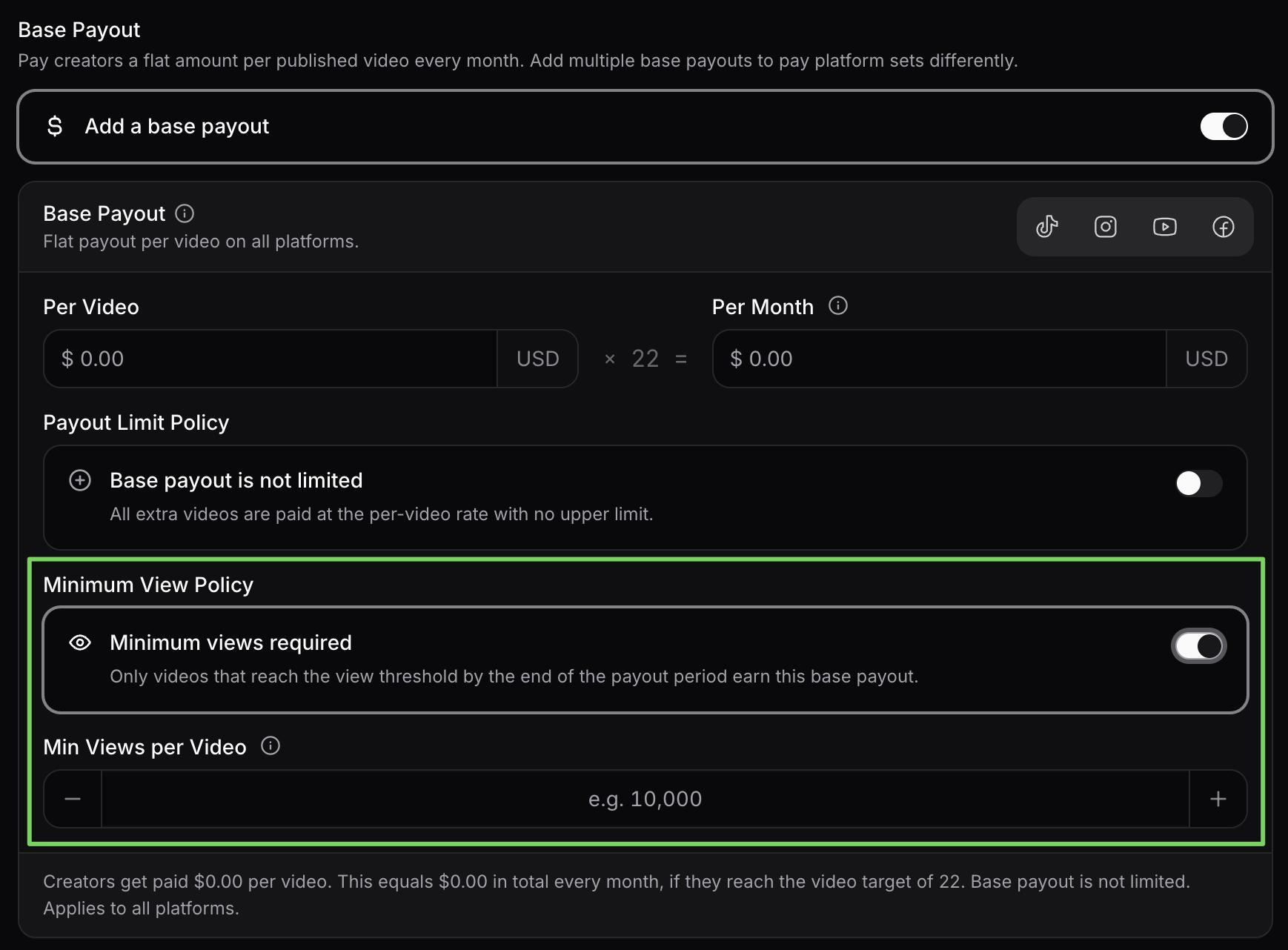 viral.app campaign builder showing a minimum view threshold for a creator base payout.