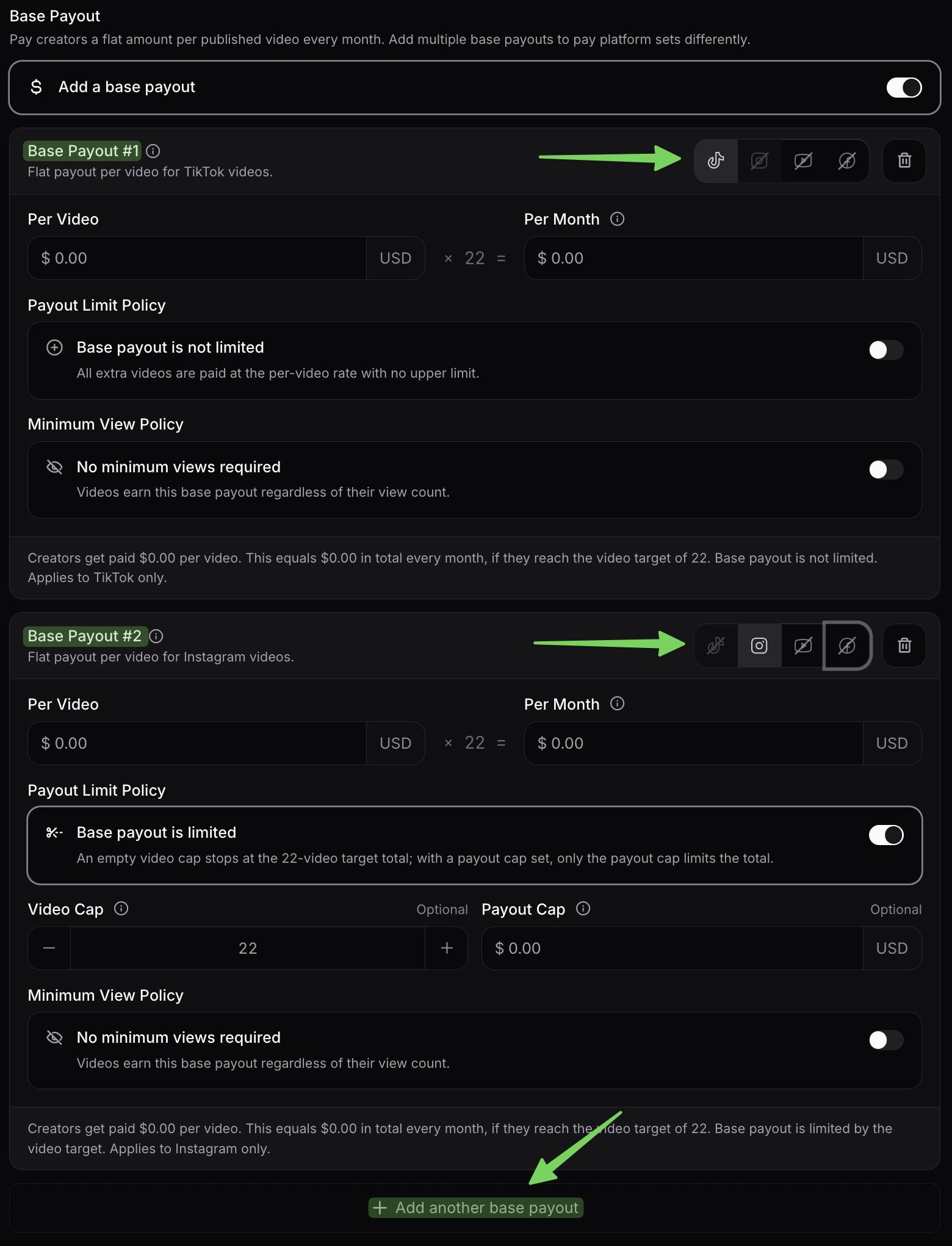 viral.app campaign builder with separate base payouts for TikTok and Instagram.