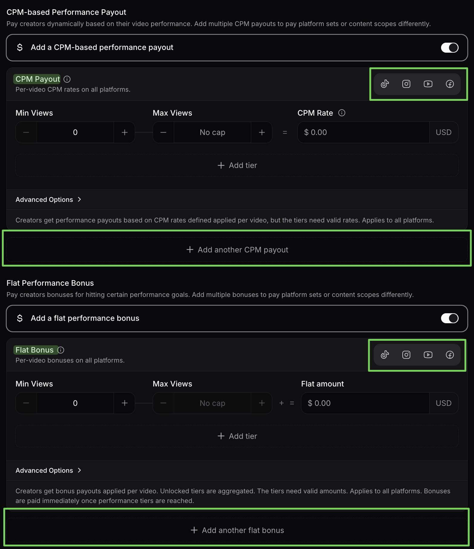 viral.app campaign builder with platform selectors for CPM payouts and flat performance bonuses.