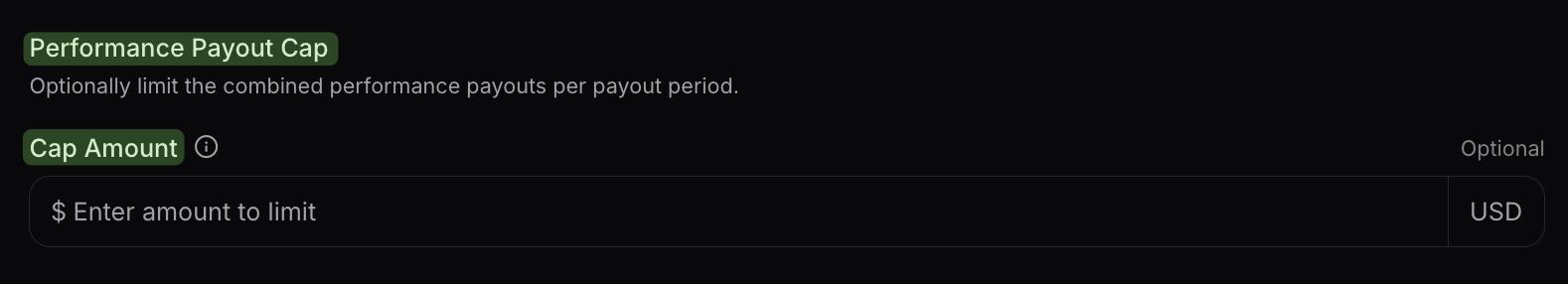 viral.app campaign builder showing the optional performance payout cap amount.