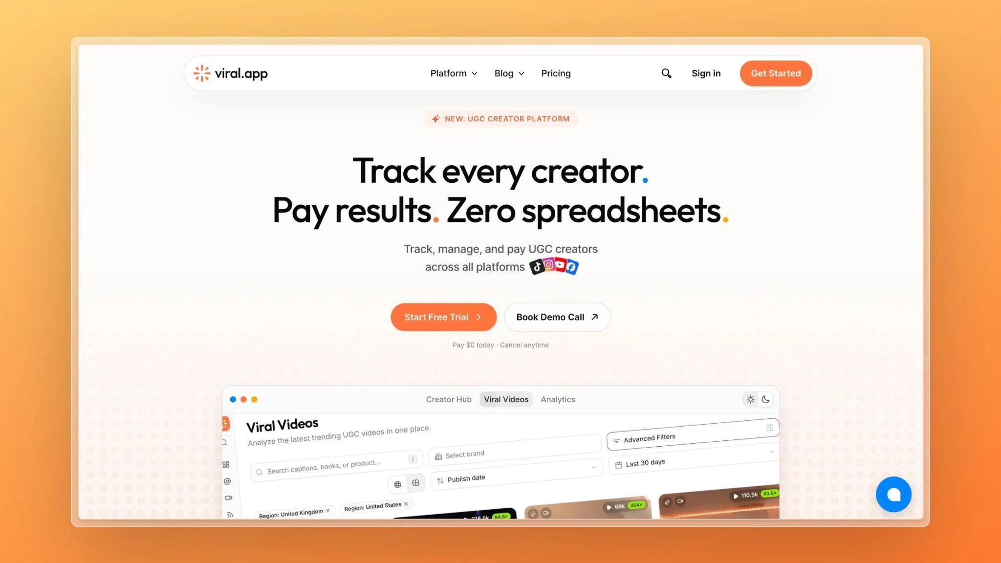 viral.app homepage showing creator tracking, performance-based payouts, and short-form video analytics viral.app homepage showing creator tracking, performance-based payouts, and short-form video analytics