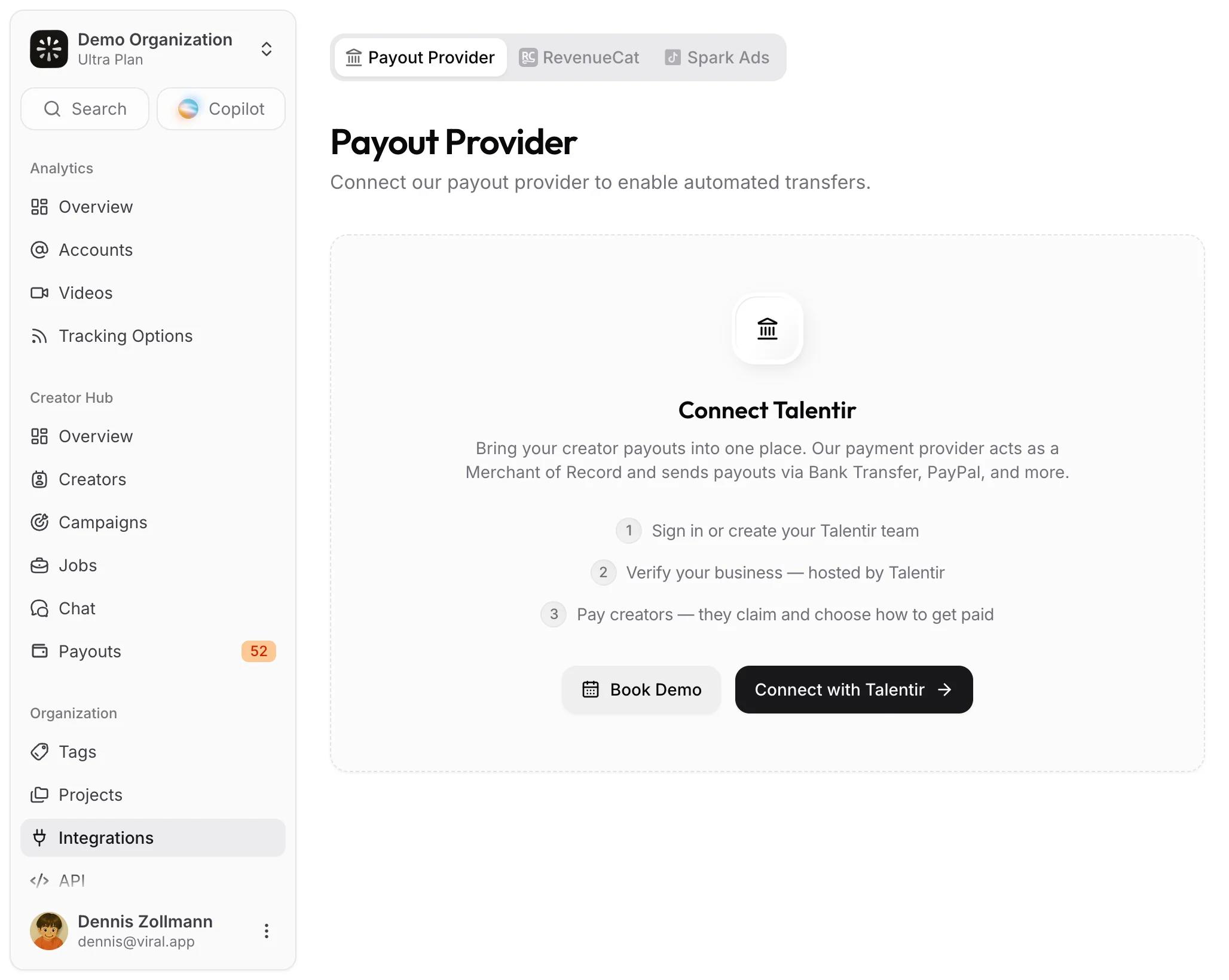 The Payout Provider tab before connecting. The Payout Provider tab under Integrations in Demo Organization with the Connect Talentir card and its three steps.