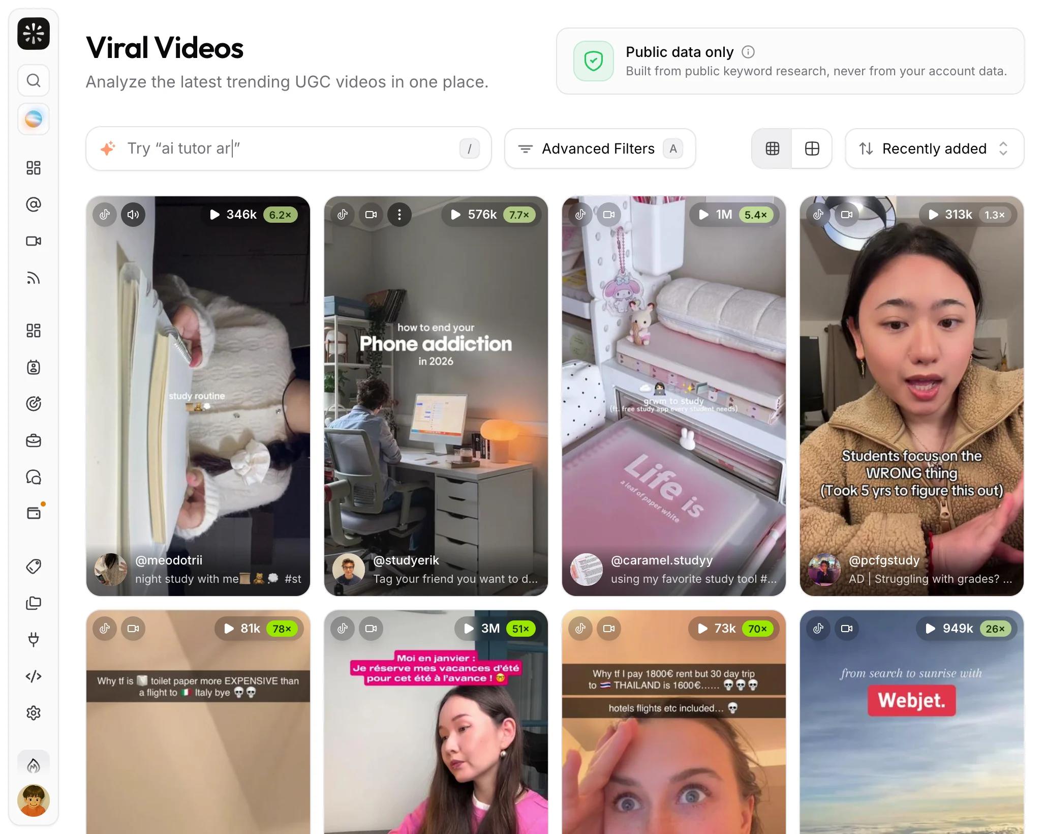 The viral.app Viral Videos page with the search box, the Advanced Filters button, the sort menu, and a grid of video cards with view counts and outlier badges.