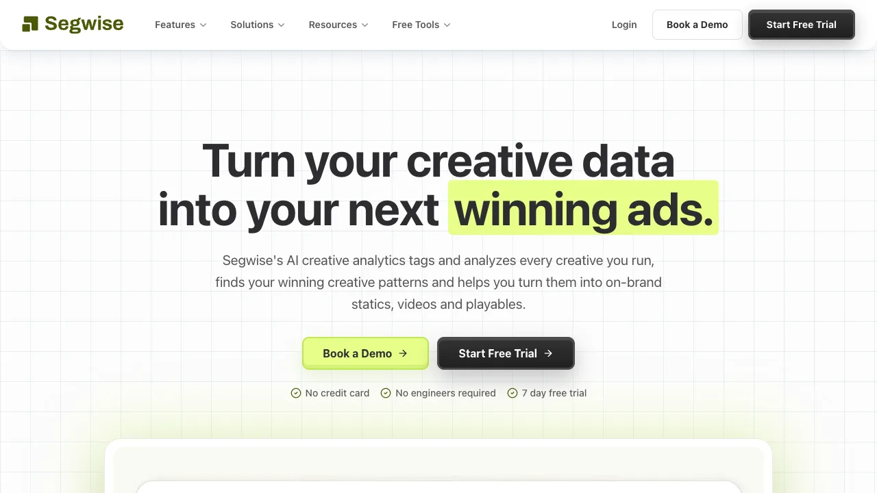 Segwise homepage with the headline about turning creative data into winning ads through AI creative analytics Segwise homepage with the headline about turning creative data into winning ads through AI creative analytics