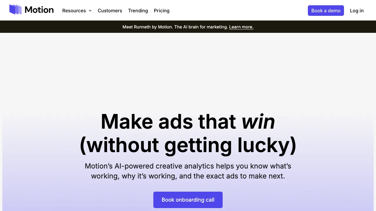 Motion homepage with the headline Make ads that win without getting lucky Motion homepage with the headline Make ads that win without getting lucky