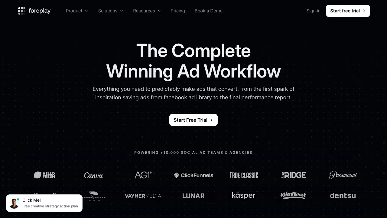 Foreplay homepage describing the complete winning ad workflow for social ad teams Foreplay homepage describing the complete winning ad workflow for social ad teams