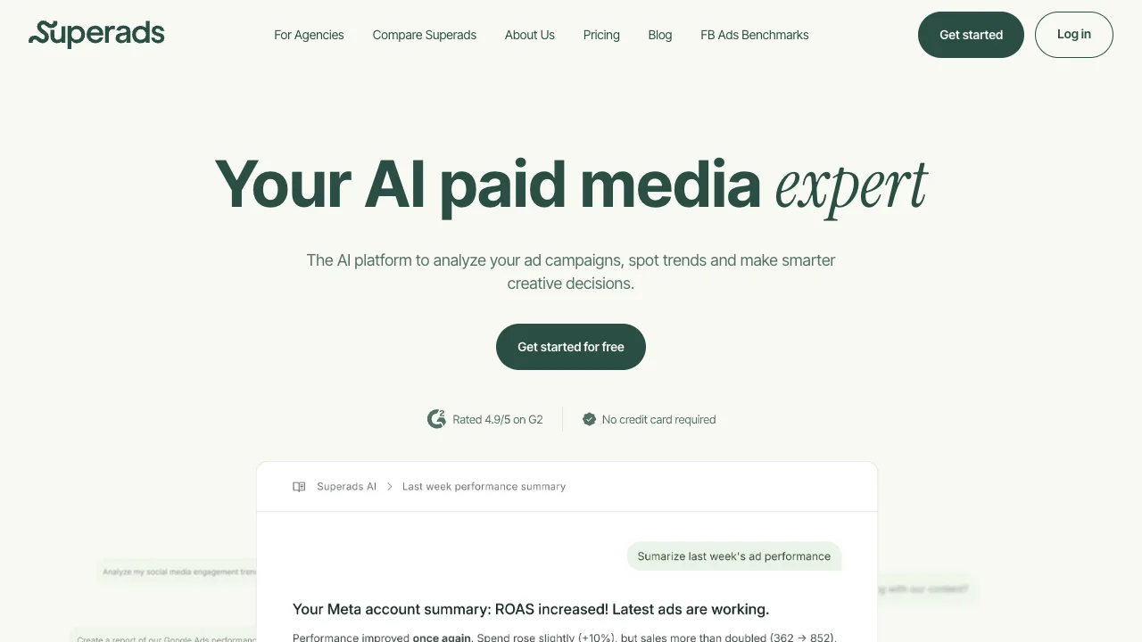Superads homepage positioning the product as an AI paid media expert for creative reporting Superads homepage positioning the product as an AI paid media expert for creative reporting