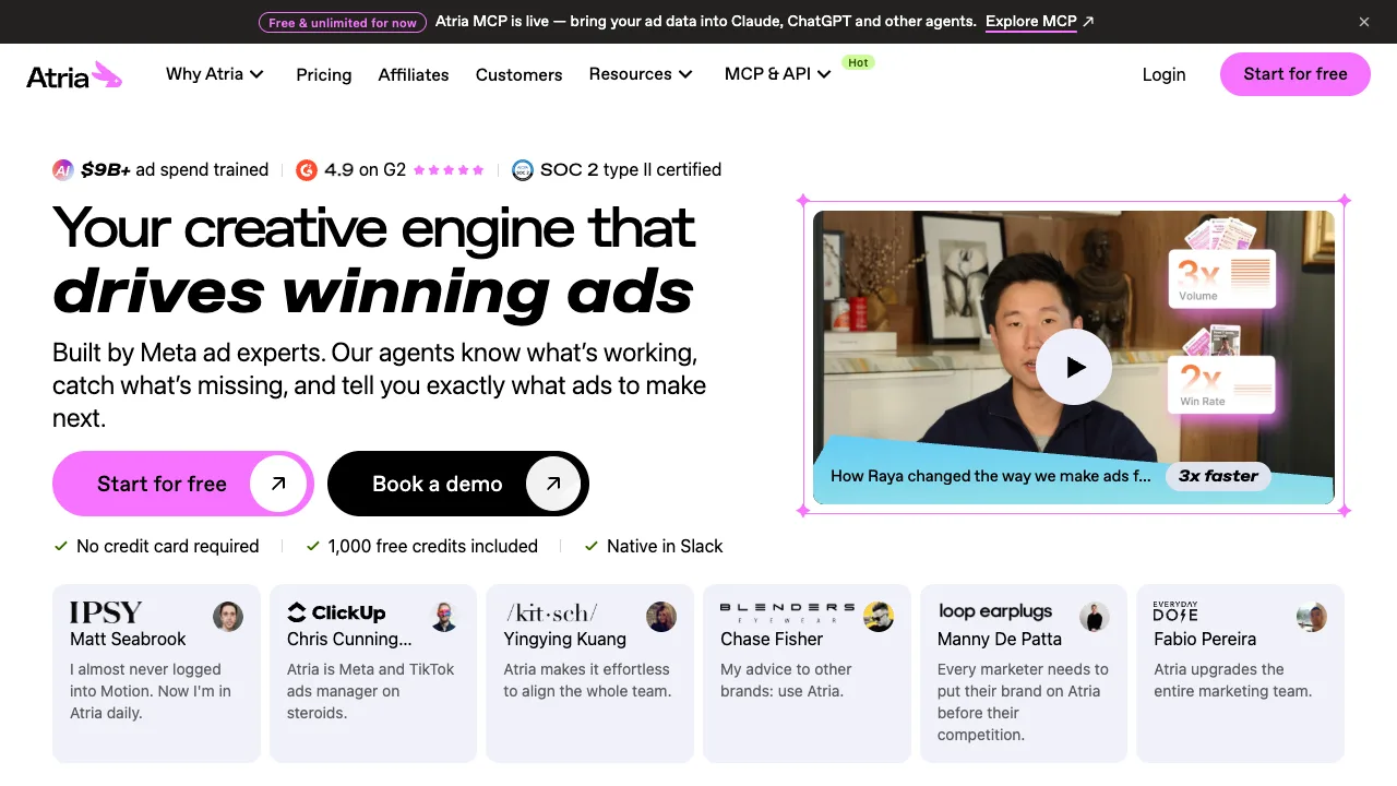 Atria homepage introducing an AI creative engine built by Meta ad experts Atria homepage introducing an AI creative engine built by Meta ad experts