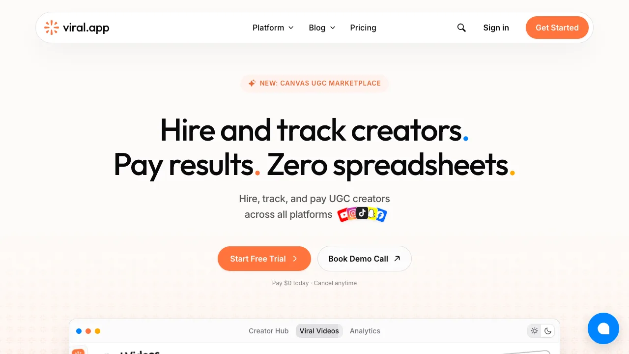 viral.app homepage showing creator hiring, tracking, and performance-based payouts across TikTok, Instagram, and YouTube viral.app homepage showing creator hiring, tracking, and performance-based payouts across TikTok, Instagram, and YouTube