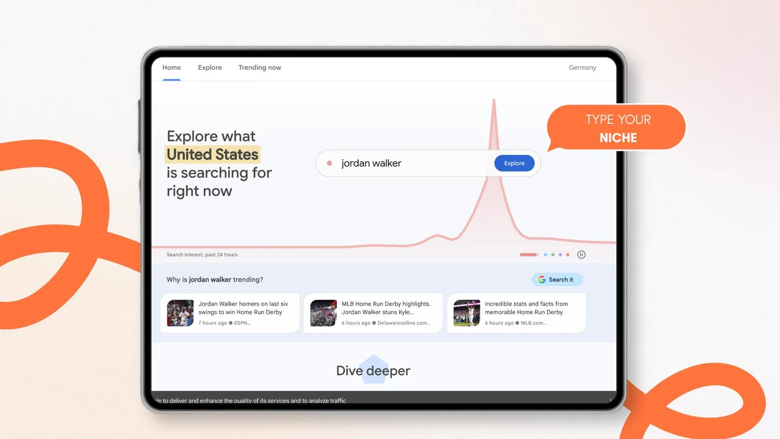 Google Trends home page with a search box for exploring what people are searching for right now Google Trends home page with a search box for exploring what people are searching for right now